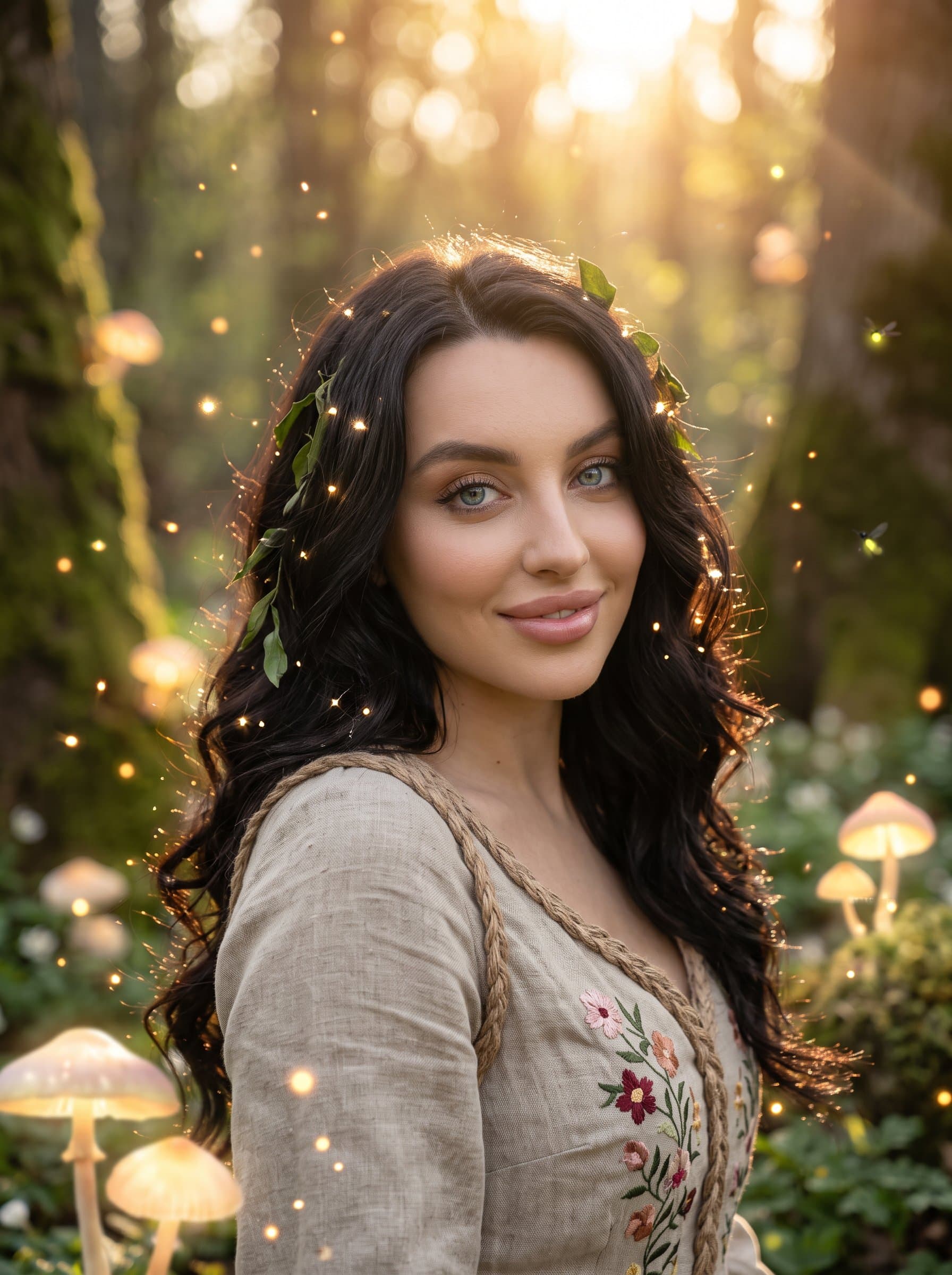 : Produce a whimsical headshot with a fantasy forest backdrop. The woman should have a playful smile and twinkling eyes, creating a magical and enchanting online persona.