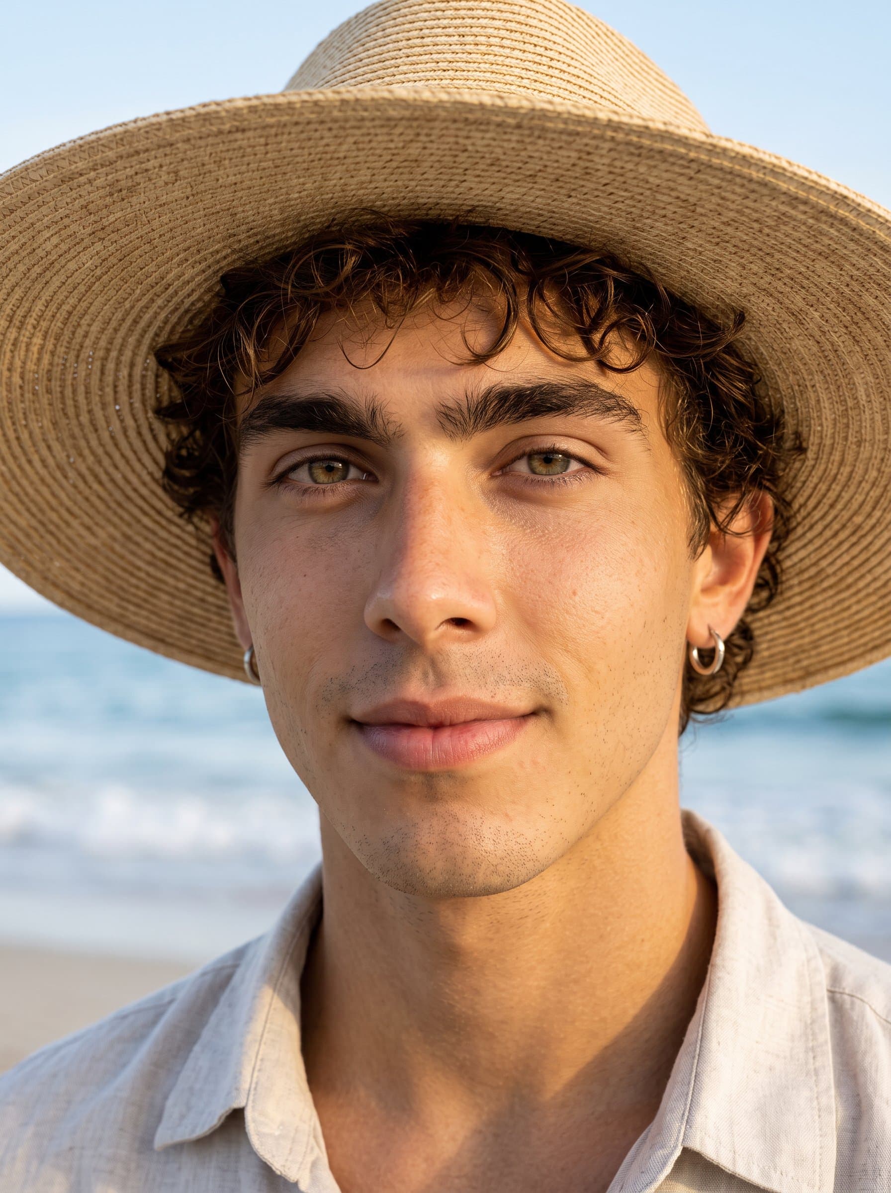 : Design a headshot with a serene beach scene in the background. Use soft, natural light to enhance the man's peaceful expression, suitable for wellness and mindfulness enthusiasts.