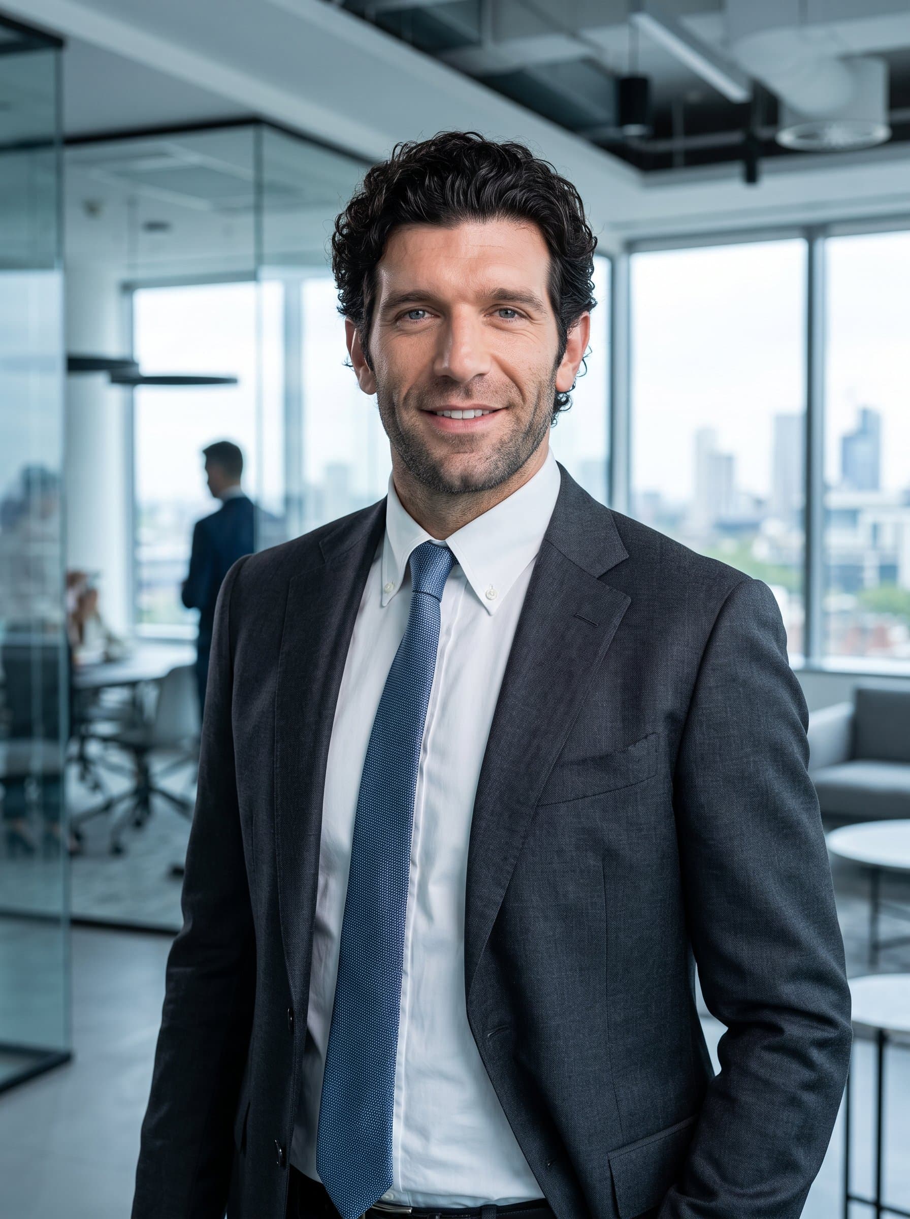 : Generate a sleek and polished headshot with modern office interiors in the background. Use cool lighting and a confident expression for a professional and sophisticated appearance.