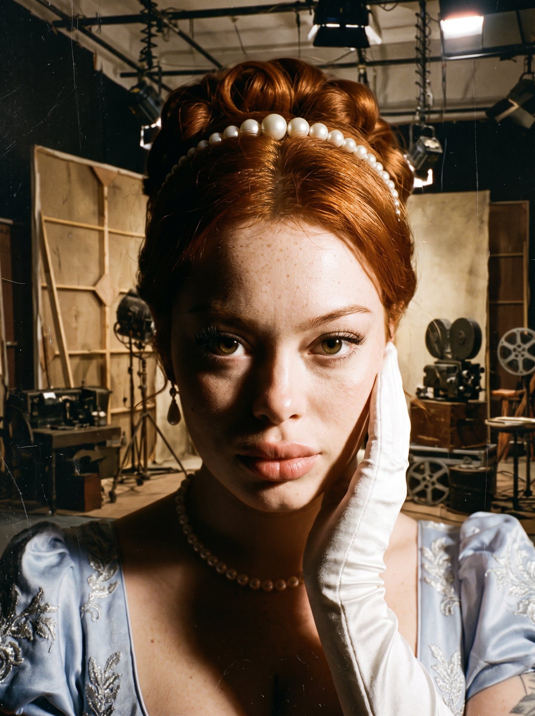 : Craft a cinematic headshot with dramatic shadows and a vintage film studio backdrop. The woman should have an intense, focused expression, ideal for film and theater aficionados.