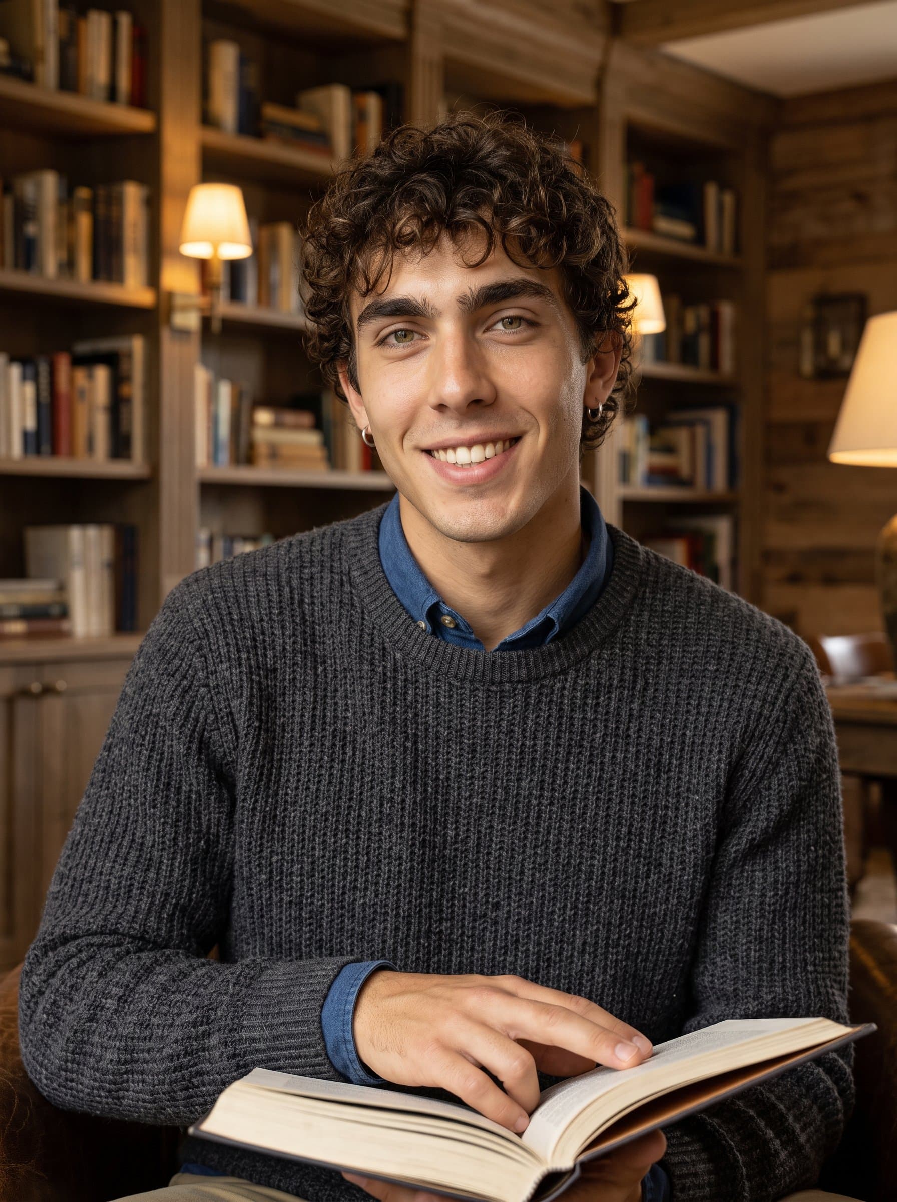 : Create a cozy and warm headshot with a home library setting in the background. The man should have a welcoming smile, perfect for book lovers and literary influencers.