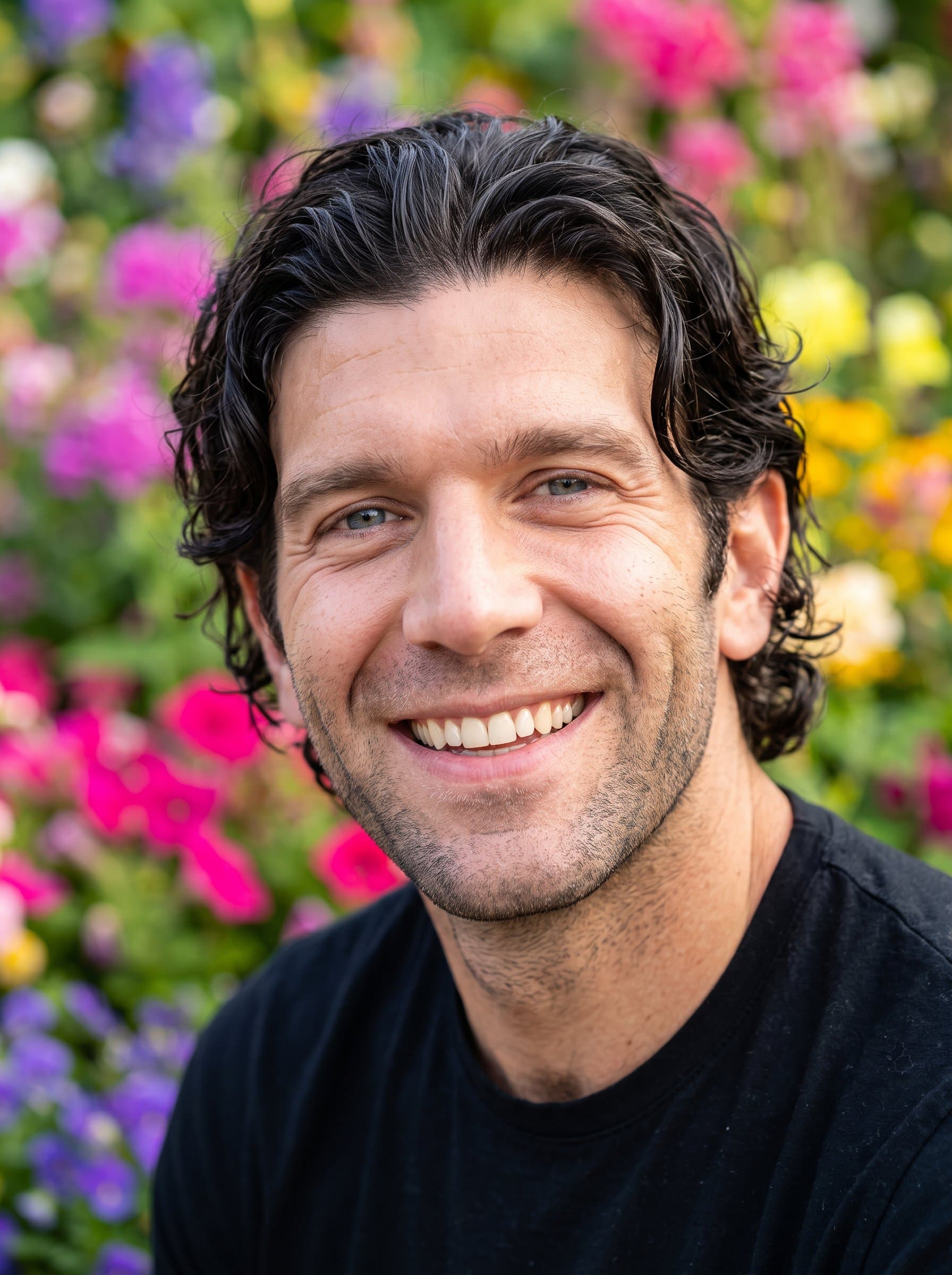 : Produce a headshot with a vibrant floral background, showcasing the man's beaming smile and lively spirit. Soft, natural lighting highlights their cheerful and optimistic personality.