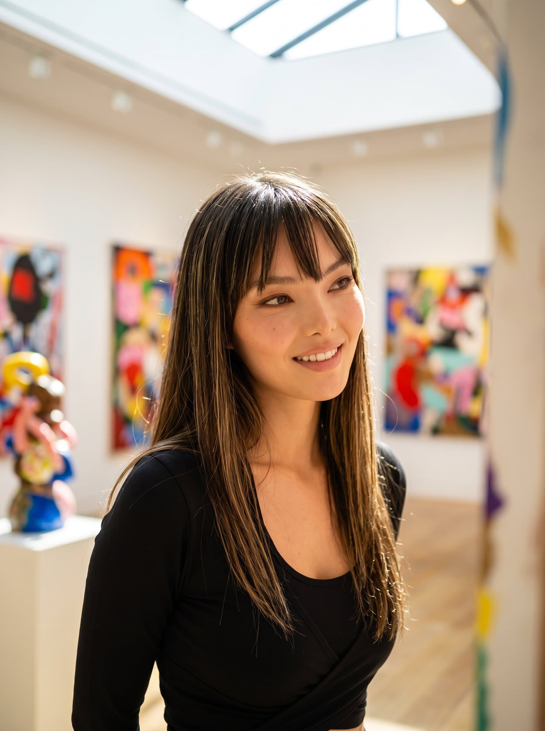: Capture a contemporary art gallery setting in the background for a headshot with a curious and intrigued expression. Use vibrant lighting to enhance the creative and culturally attuned persona.