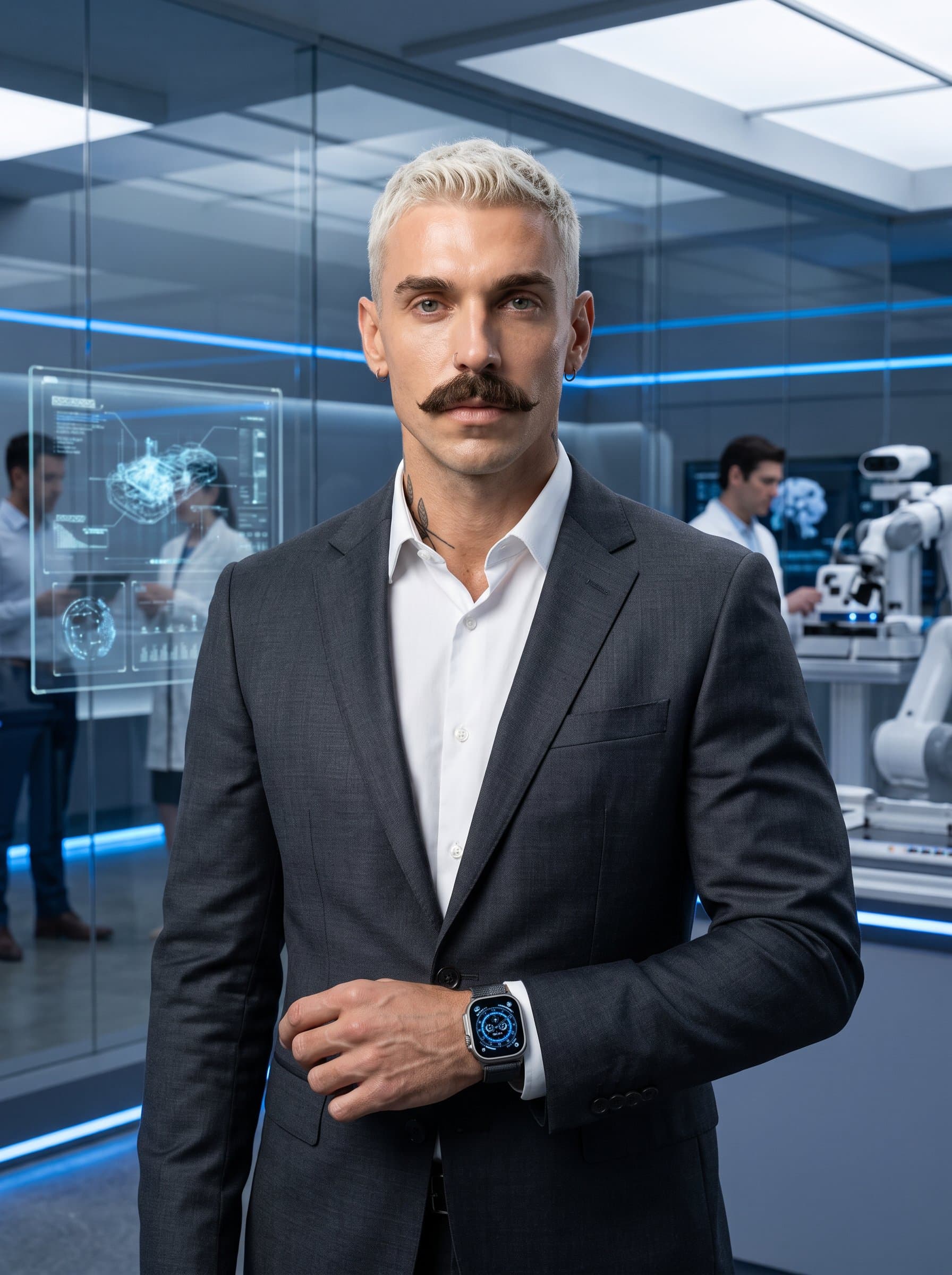 : Develop a tech professional's headshot, featuring a futuristic setting. The man wears a slim-fit, dark suit with a high-tech watch, showcasing innovation and professionalism.