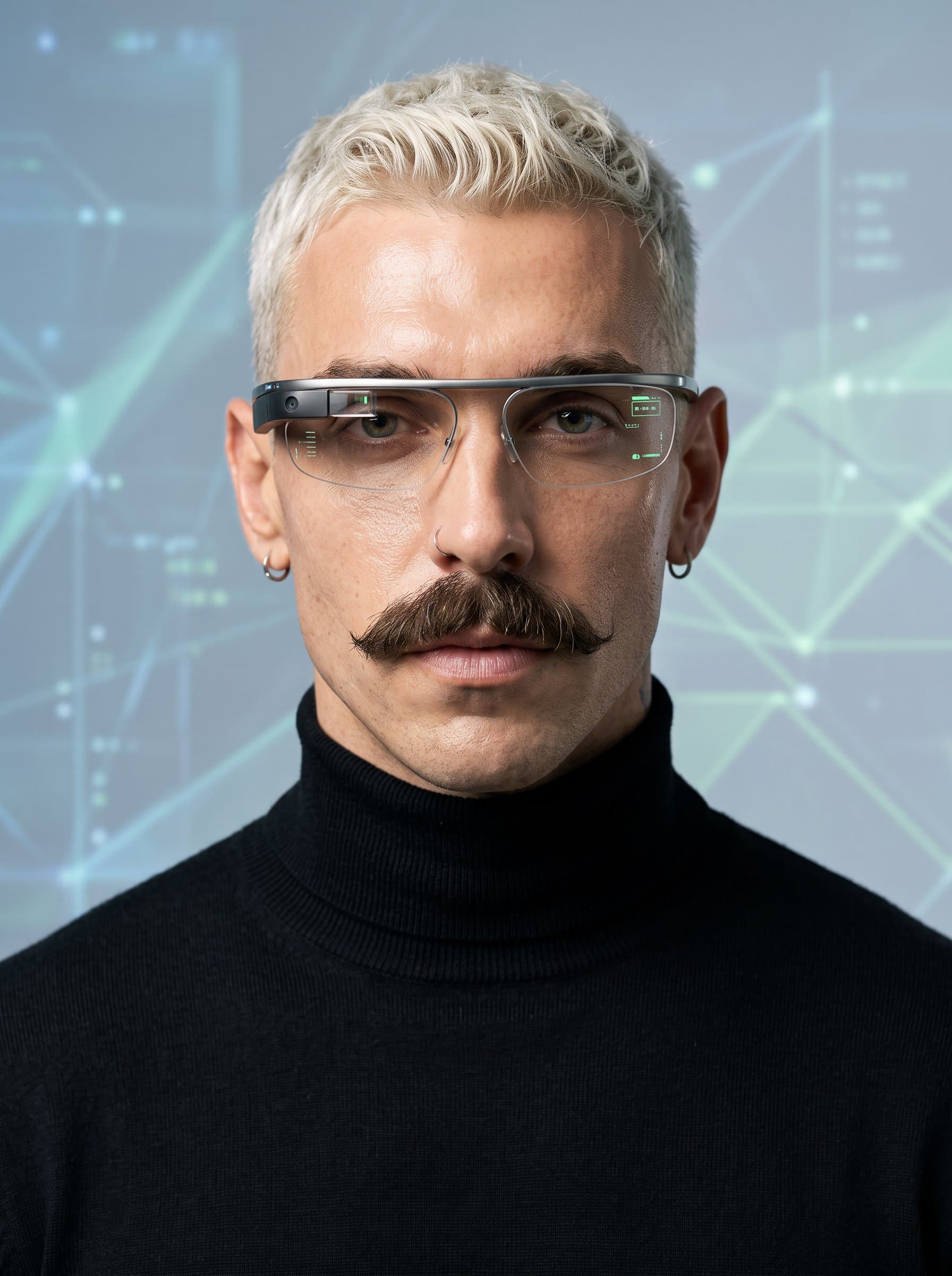 : Create a modern headshot featuring a tech-savvy man, with a subtle digital background. The man wears smart glasses and a sleek black turtleneck, exuding professionalism and confidence.