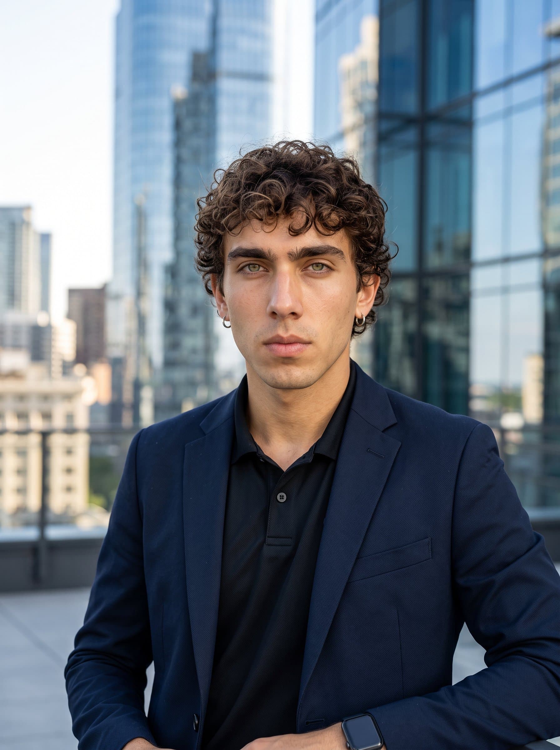 : Capture an innovative headshot with an urban, outdoor setting. The man is casually dressed in a tech-friendly outfit, with skyscrapers faintly visible in the background for a dynamic resume image.