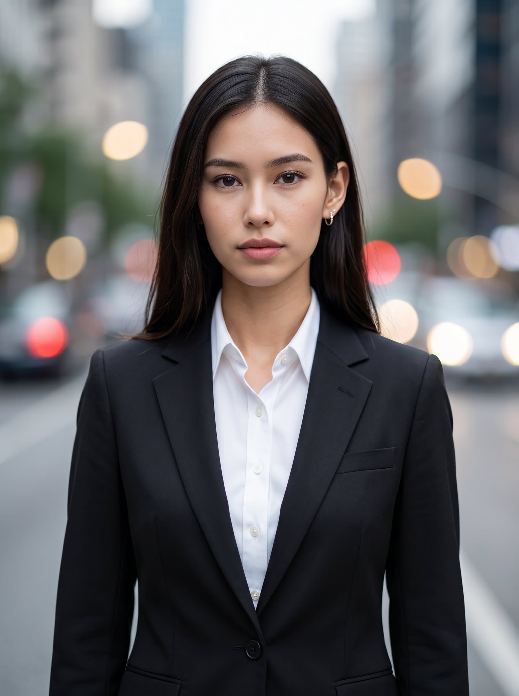 : Produce a sharp, formal headshot in a minimalistic style. The woman is dressed in a classic black suit with a white shirt, standing against a tasteful, blurred cityscape.