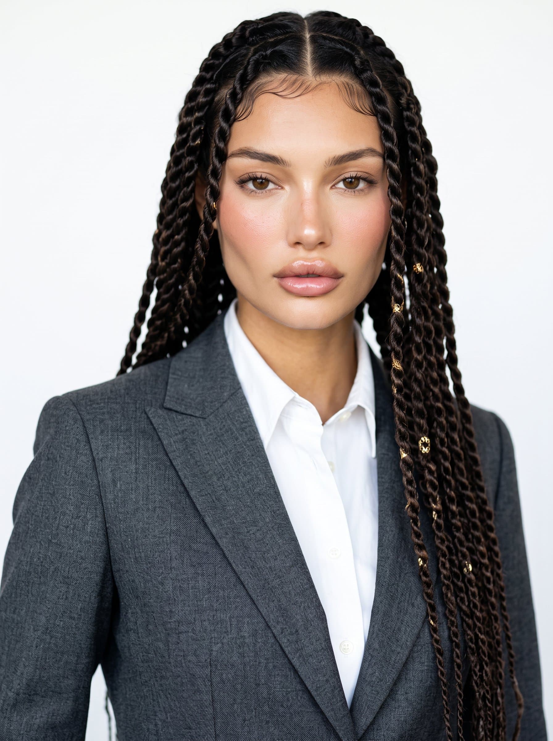 : Design a clean, contemporary headshot with a monochromatic look. The woman wears a tailored charcoal suit, posed against a bright, minimalist studio background, conveying a sense of clarity and professionalism.