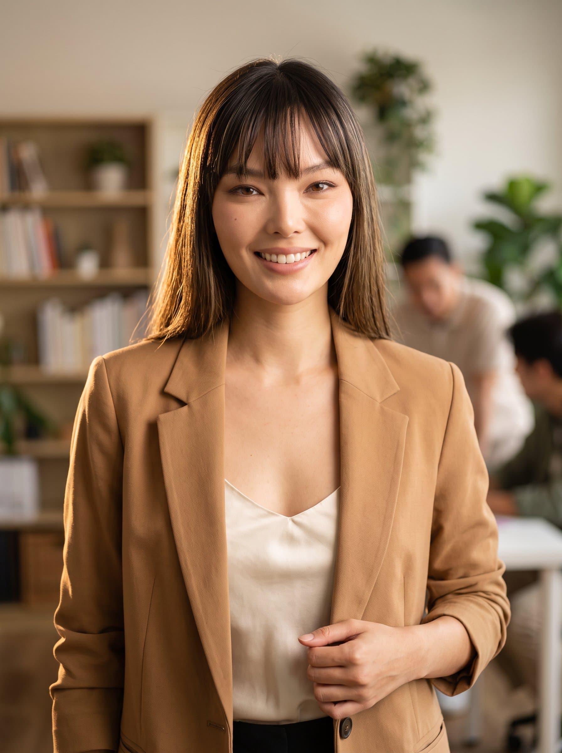 : Create an approachable, creative headshot, with warm tones and soft lighting. The woman wears a casual blazer over a simple top, with a slightly blurred office environment in the background.