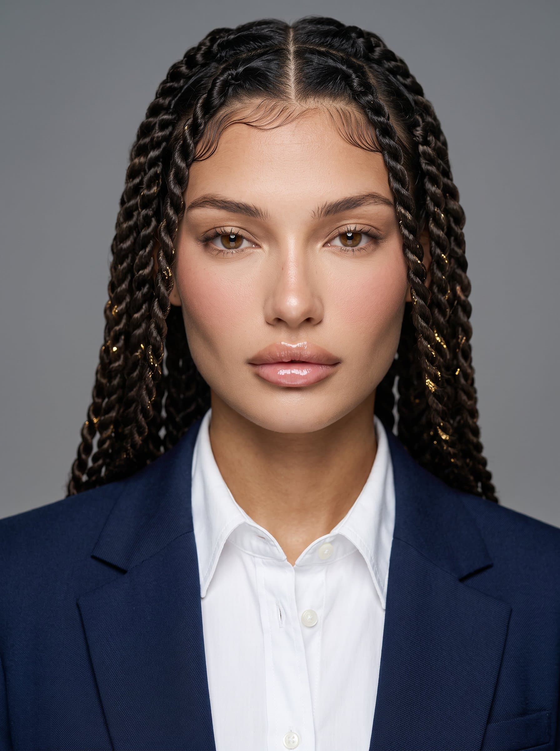 : Capture a photorealistic, corporate-style headshot with a neutral gray backdrop, highlighting a crisp white shirt and navy blazer. Emphasize clarity and sharpness for a professional resume appearance.