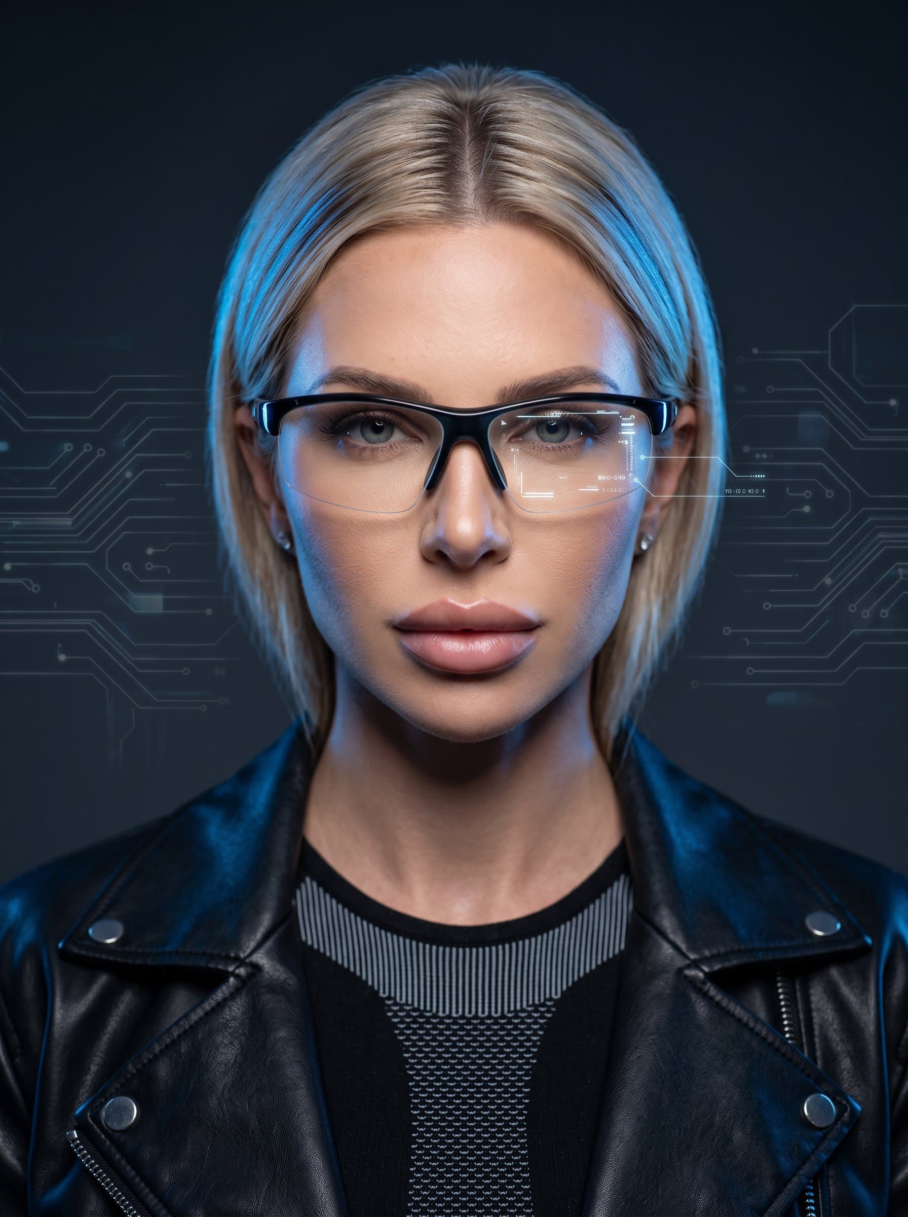: Capture a sleek, tech-oriented headshot with digital elements subtly incorporated. The woman wears modern eyewear and a streamlined outfit, conveying an innovative and forward-thinking persona.