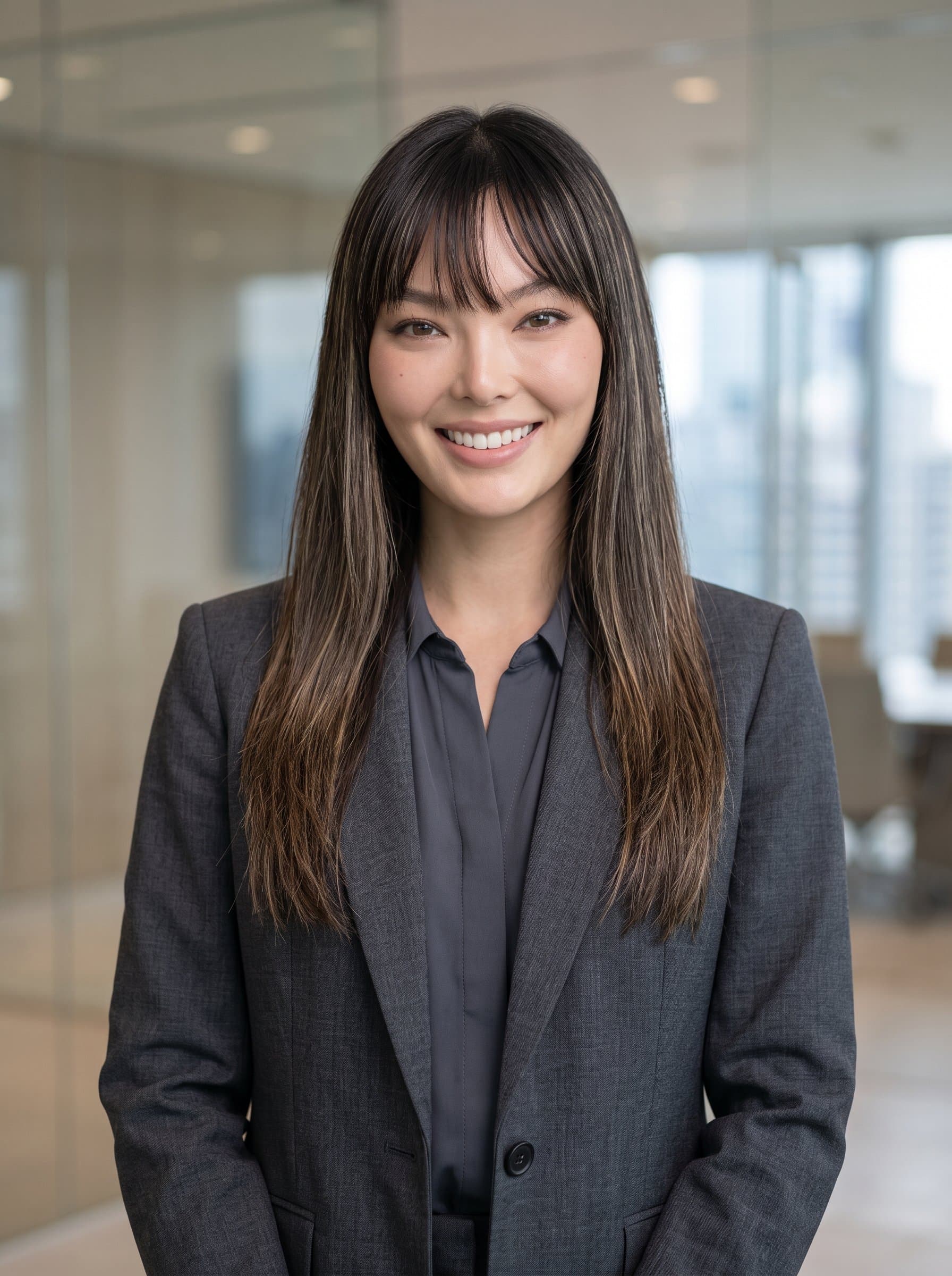 : Develop a refined, executive headshot featuring a neutral palette. The woman is dressed in a tailored dark suit, with a simple, elegant background, emphasizing leadership and professionalism.
