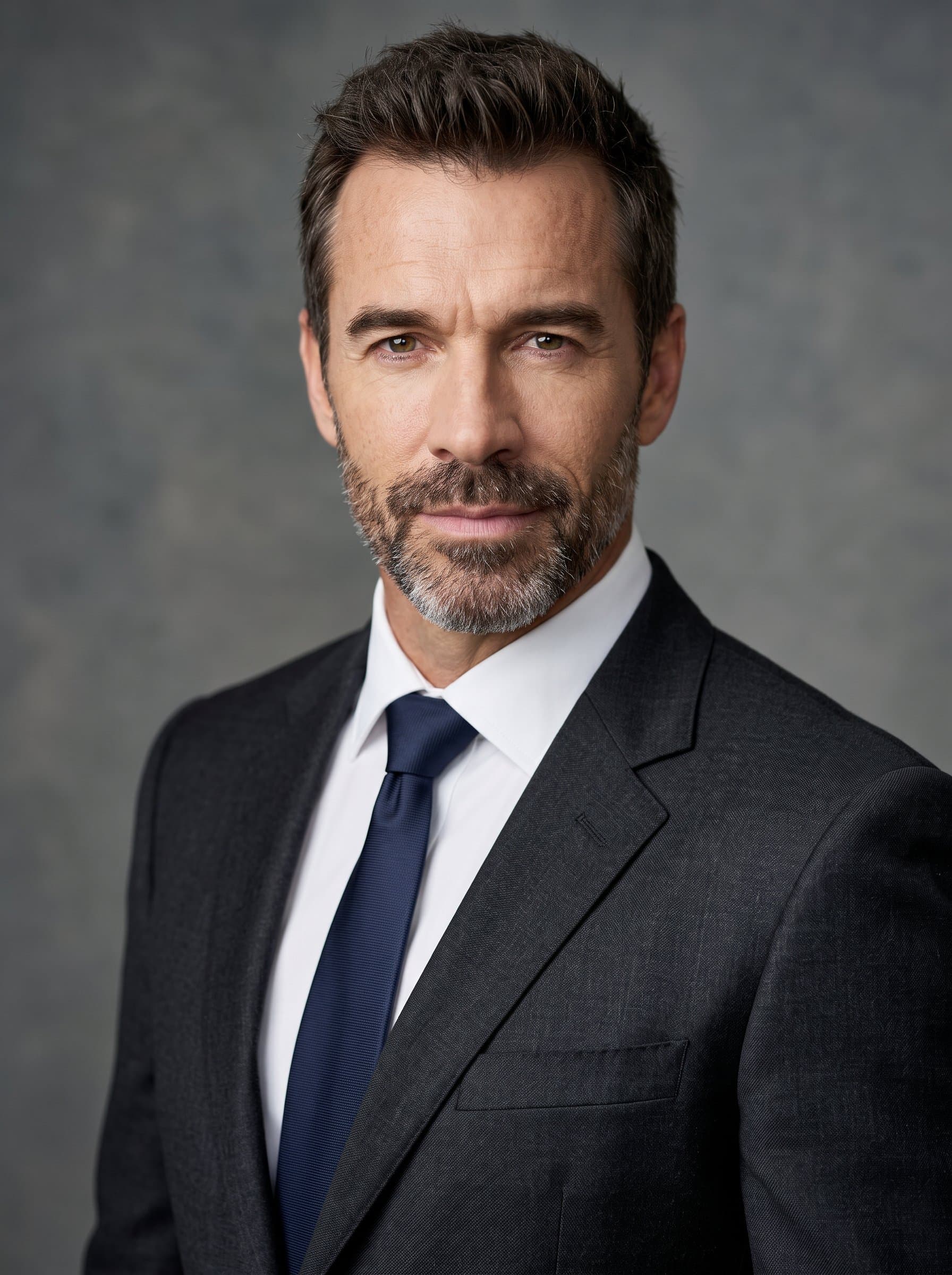 : Design a classic, timeless headshot with perfect lighting. The man is in a formal suit against a muted, studio background, projecting confidence and reliability ideal for executive resumes.