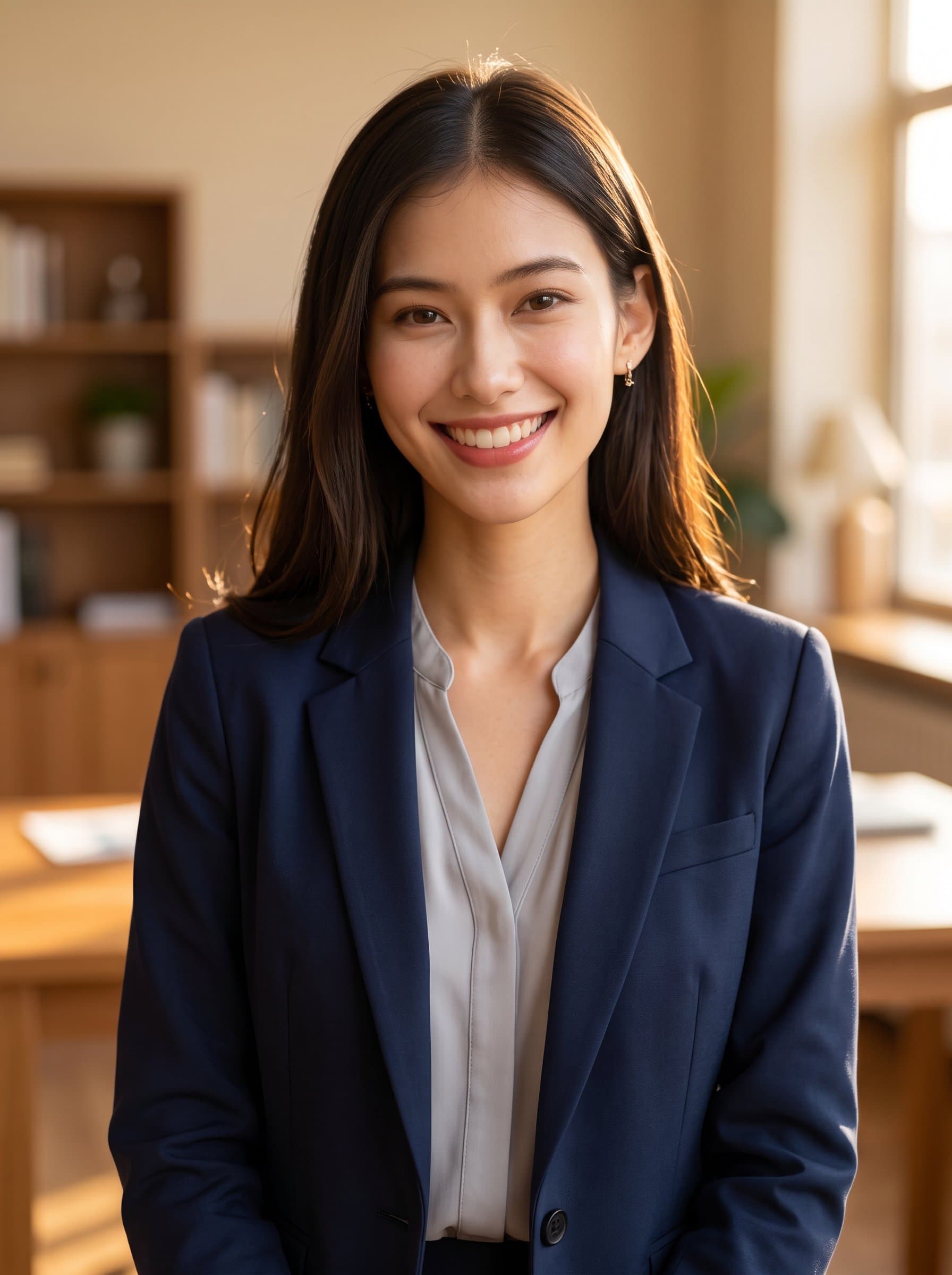 : Create a professional headshot with a warm, inviting atmosphere. The woman is dressed in a business-casual outfit, standing against a softly lit office interior, perfect for a relatable resume portrait.