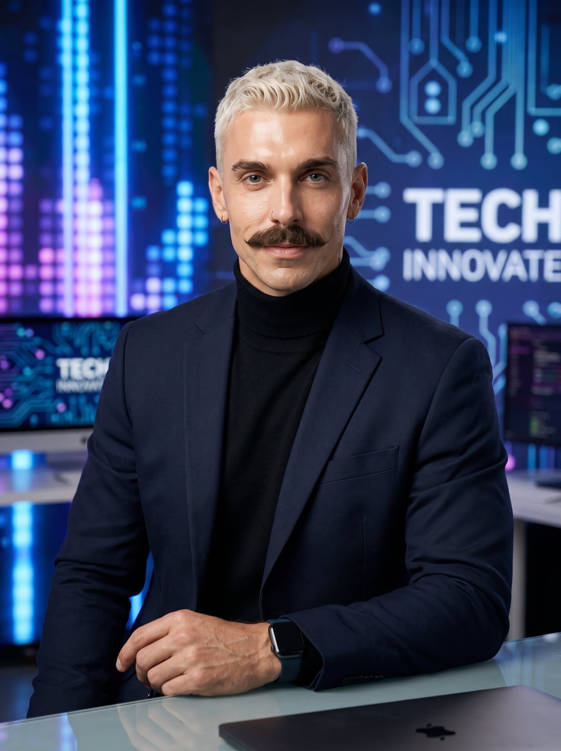 : Generate a sophisticated headshot with a tech-friendly vibe. The man sports contemporary attire, posed against a digital-inspired backdrop, conveying a seamless blend of professionalism and creativity.