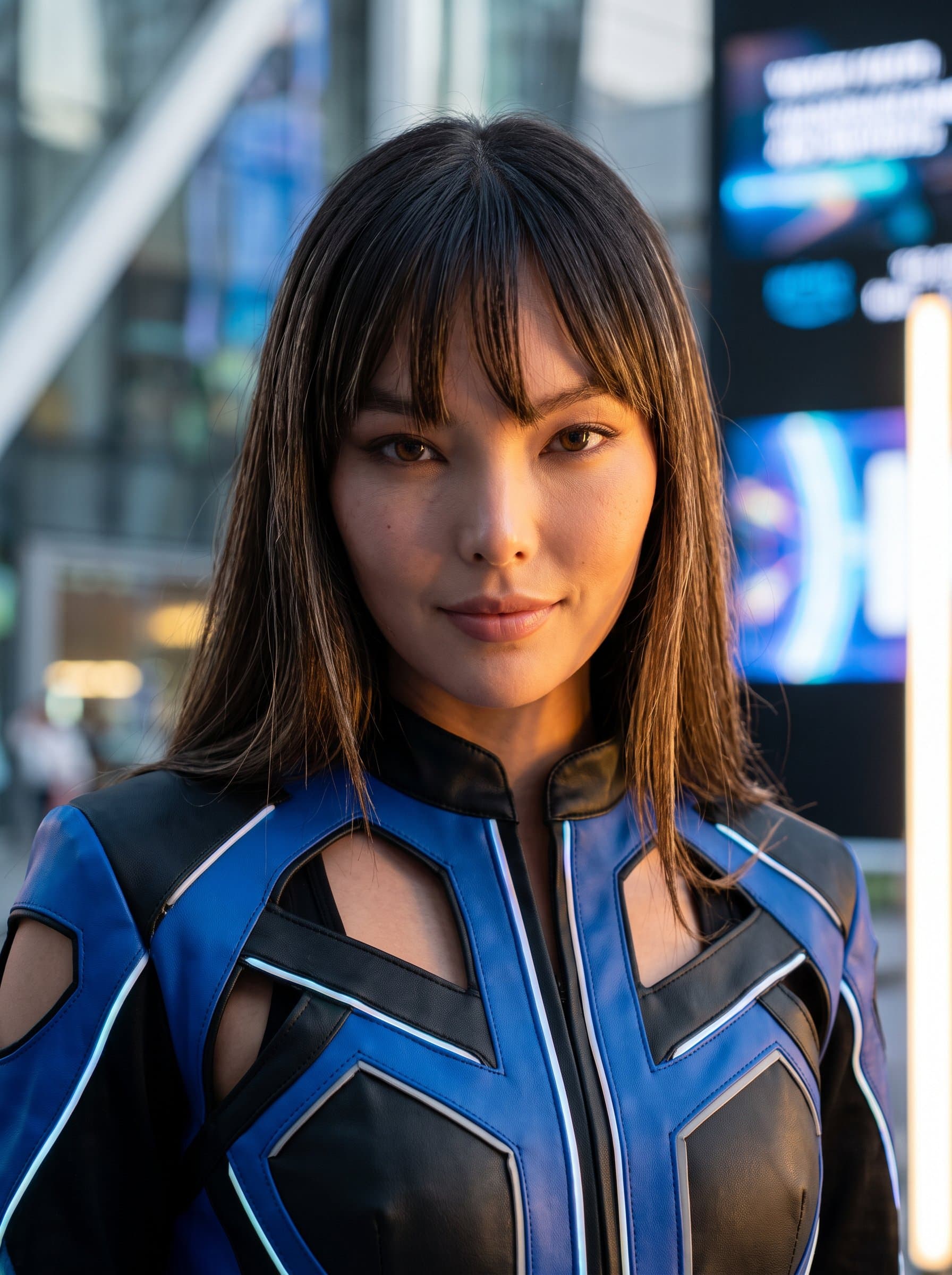 : Capture an engaging, creative headshot with unique lighting. The woman is wearing stylish, innovative attire, with a faintly blurred artistic background, making it an eye-catching addition to modern resumes.