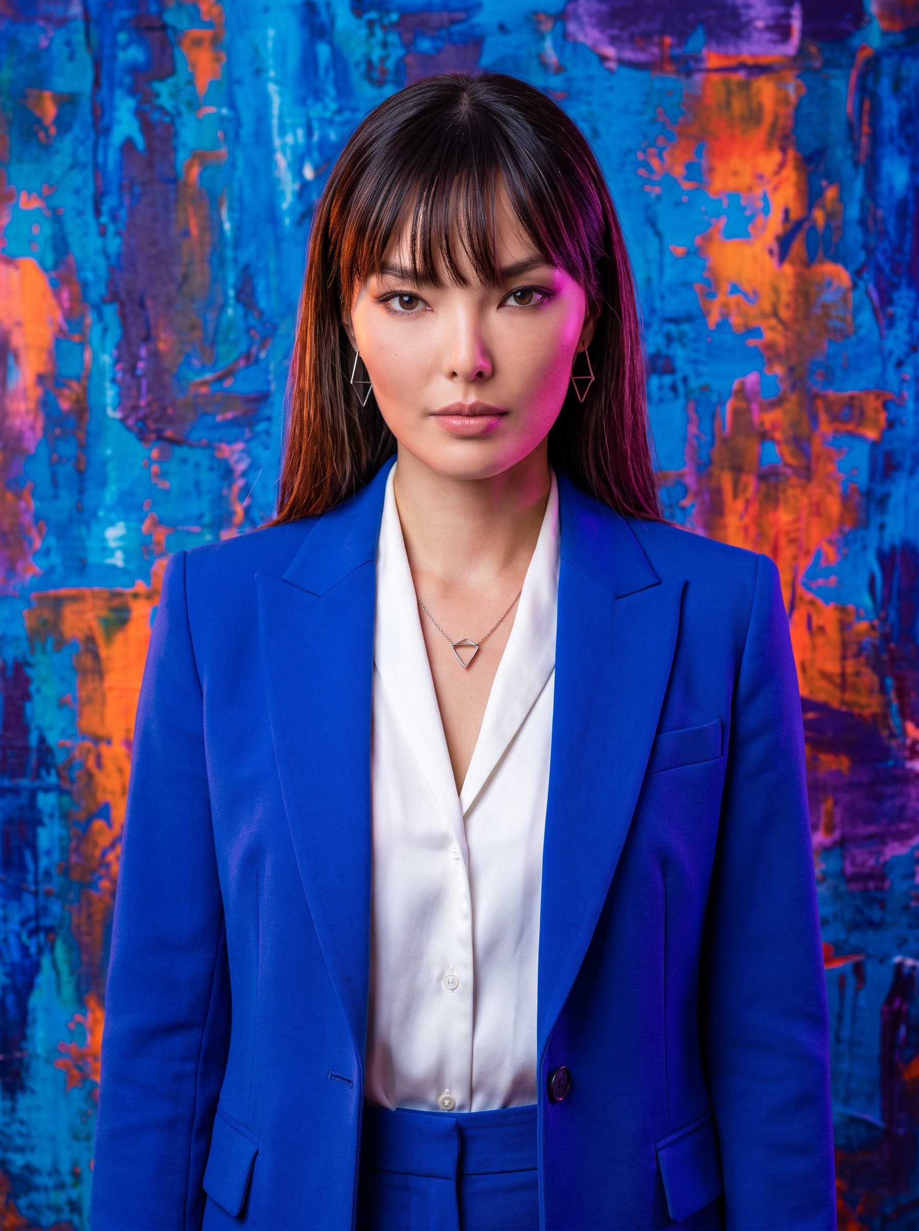 : Design a creative, artistic headshot with vibrant lighting. The woman stands against a textured, colorful backdrop, wearing a sharp, tailored suit. Highlight their focused expression for a unique resume photo.