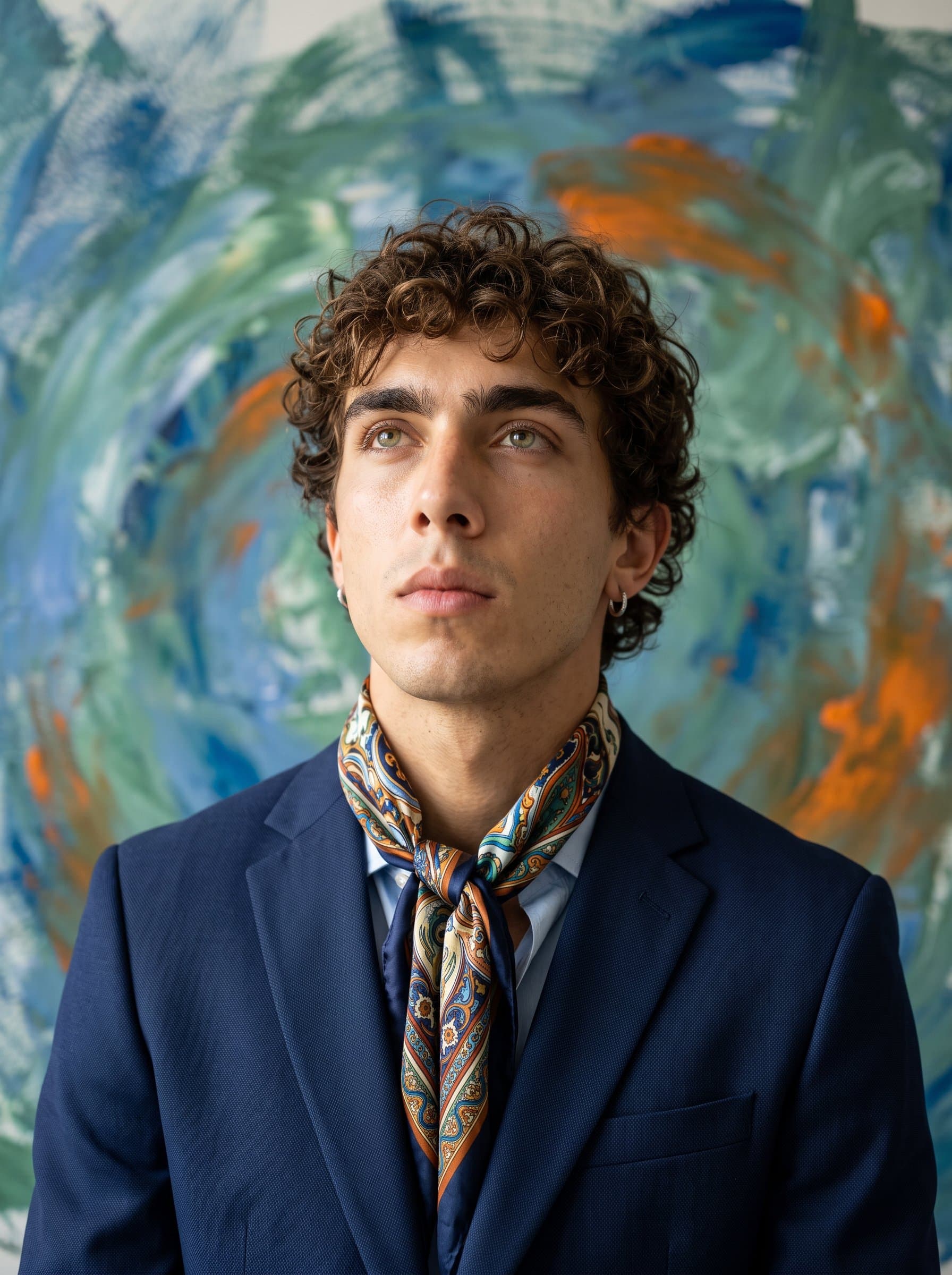 : Produce a vibrant, artistic headshot with a focus on creativity. The man wears a colorful scarf and smart attire, posed against an abstract, textured backdrop, highlighting individuality for modern resumes.