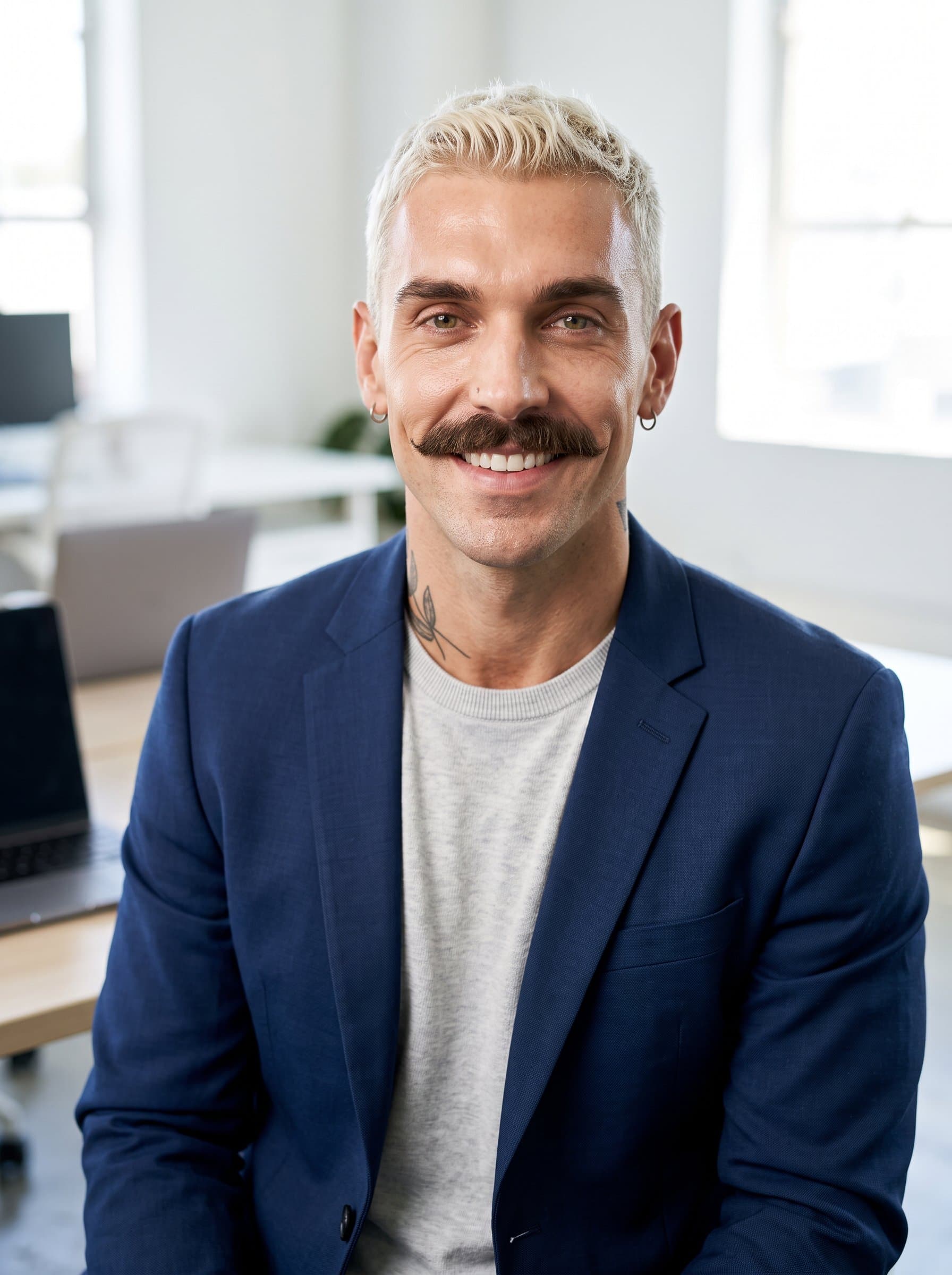 : Design a friendly, professional headshot in a well-lit, modern workspace. The man wears business-casual attire, with a gentle smile and clear focus, suitable for a versatile resume image.