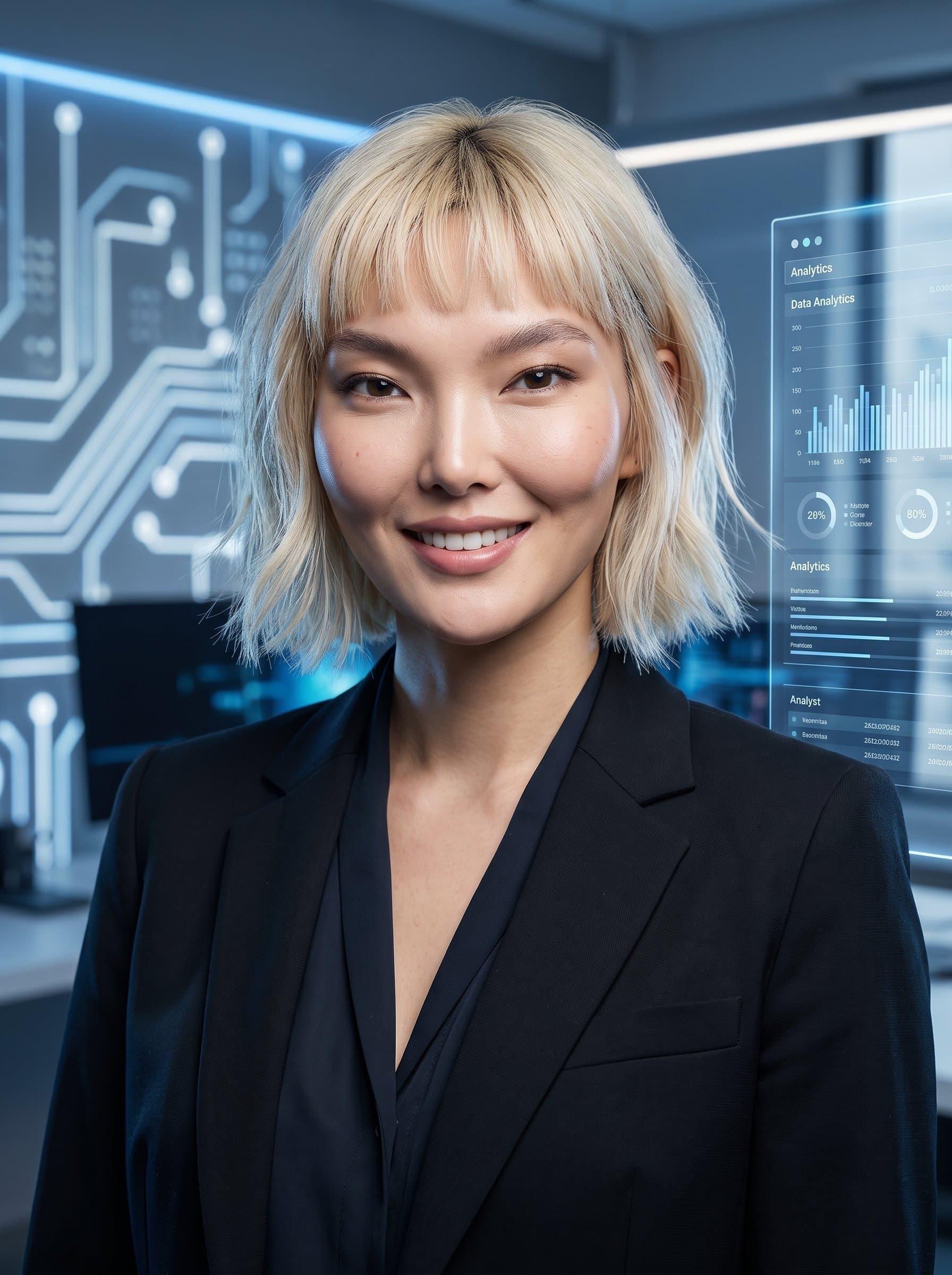 Craft a headshot with a tech-savvy theme. Incorporate subtle digital elements in the background, smart attire, and dynamic lighting. Reflect forward-thinking expertise in technology.