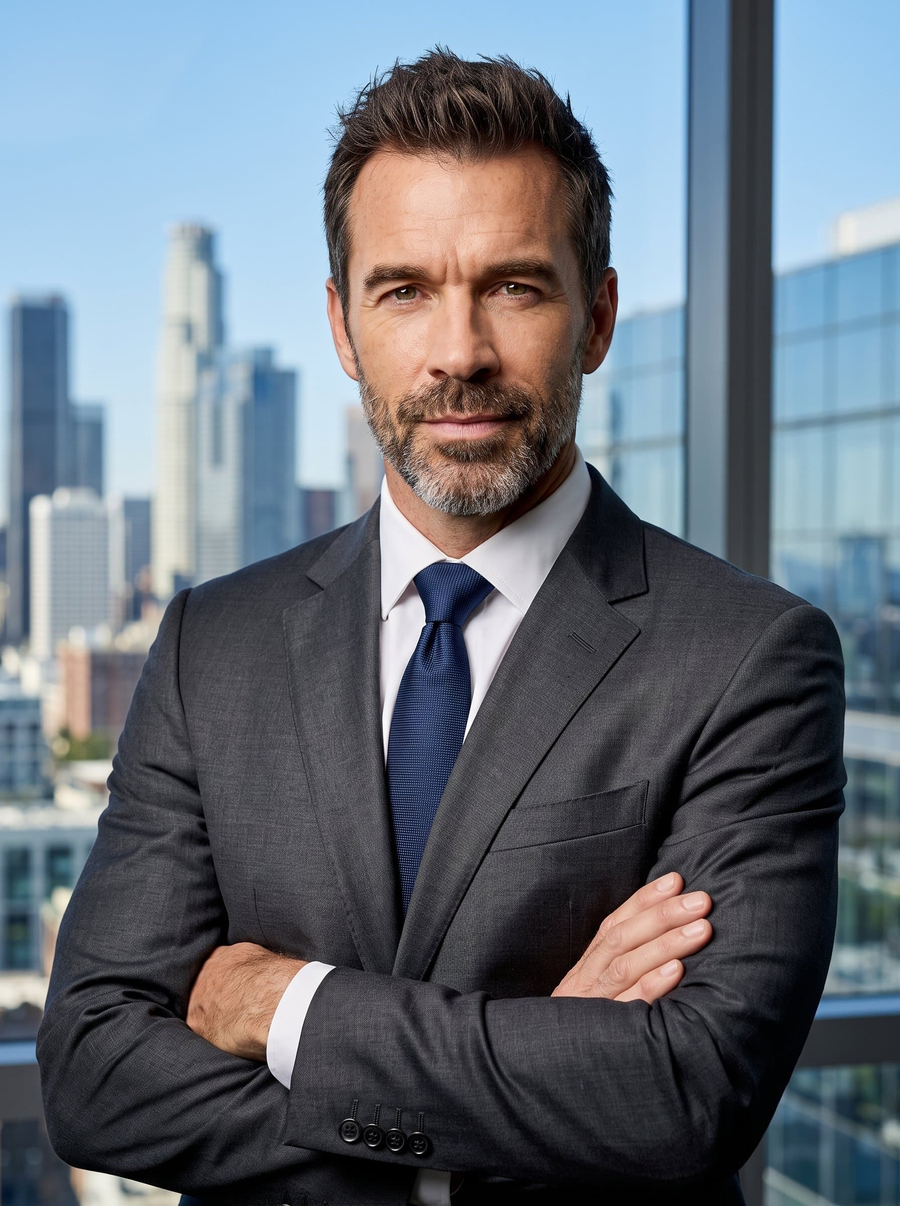 Generate an executive headshot, with a sleek suit and a cityscape background. Use strong, direct lighting to convey leadership and authority in a high-resolution image.