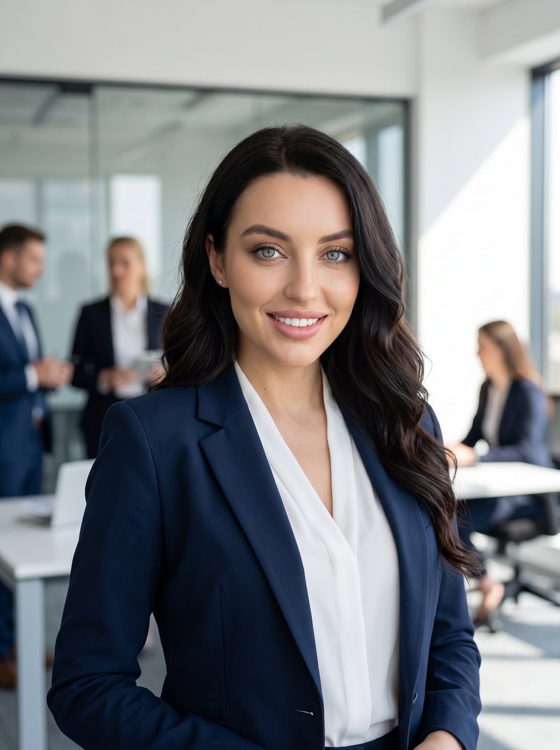 Create a headshot depicting a confident professional with a clean corporate look. Bright office background, crisp attire, and soft, natural lighting, embodying expertise in a modern business environment.
