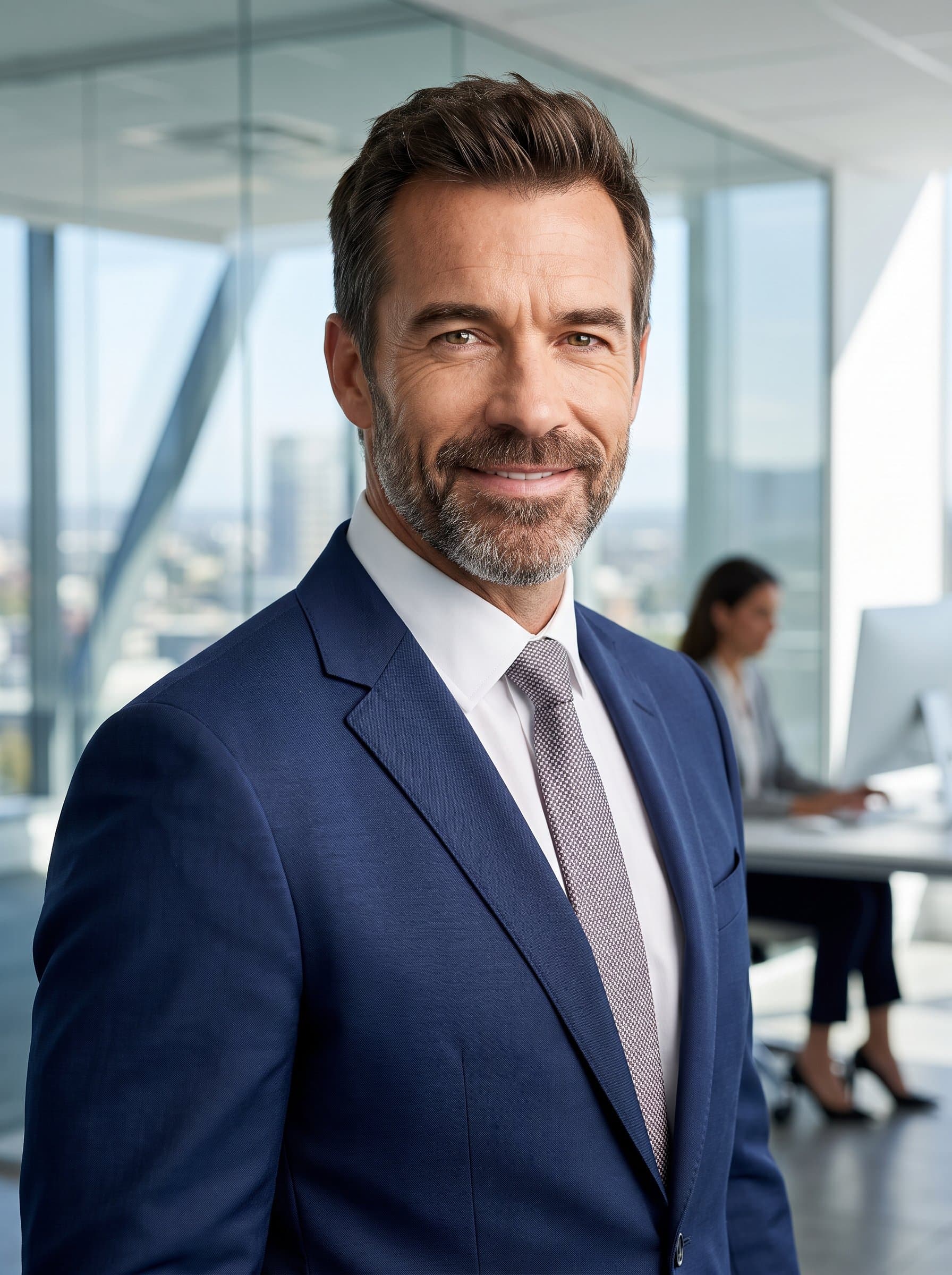 Develop a headshot for a finance expert, with a modern office background and formal business attire. Use professional lighting to highlight analytical skills and financial wisdom.
