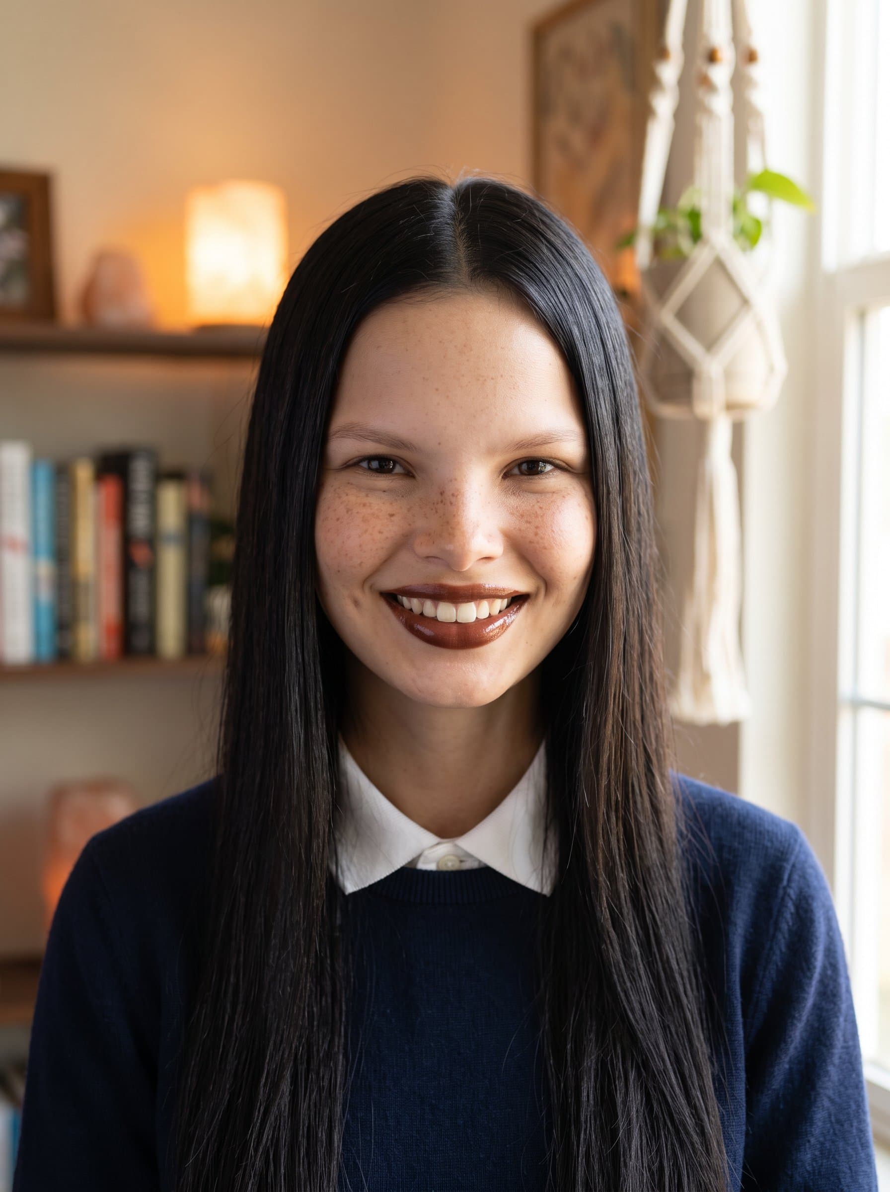 Develop a headshot that embodies a casual professional vibe. A cozy home office setting, relaxed yet neat attire, and soft, welcoming lighting express approachability and competence.