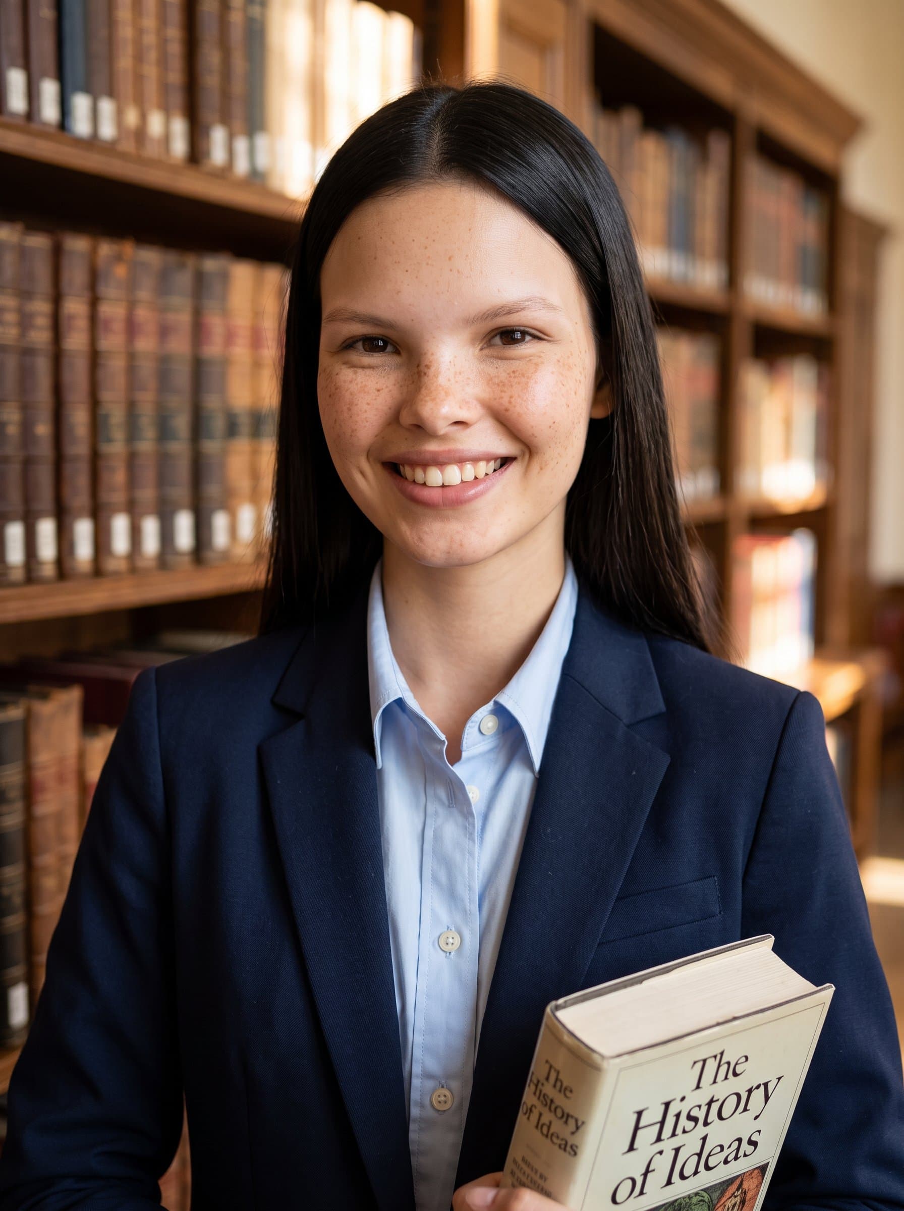 Design a headshot for an academic professional, with a library backdrop and formal attire. Use warm lighting to convey intelligence and dedication to lifelong learning.