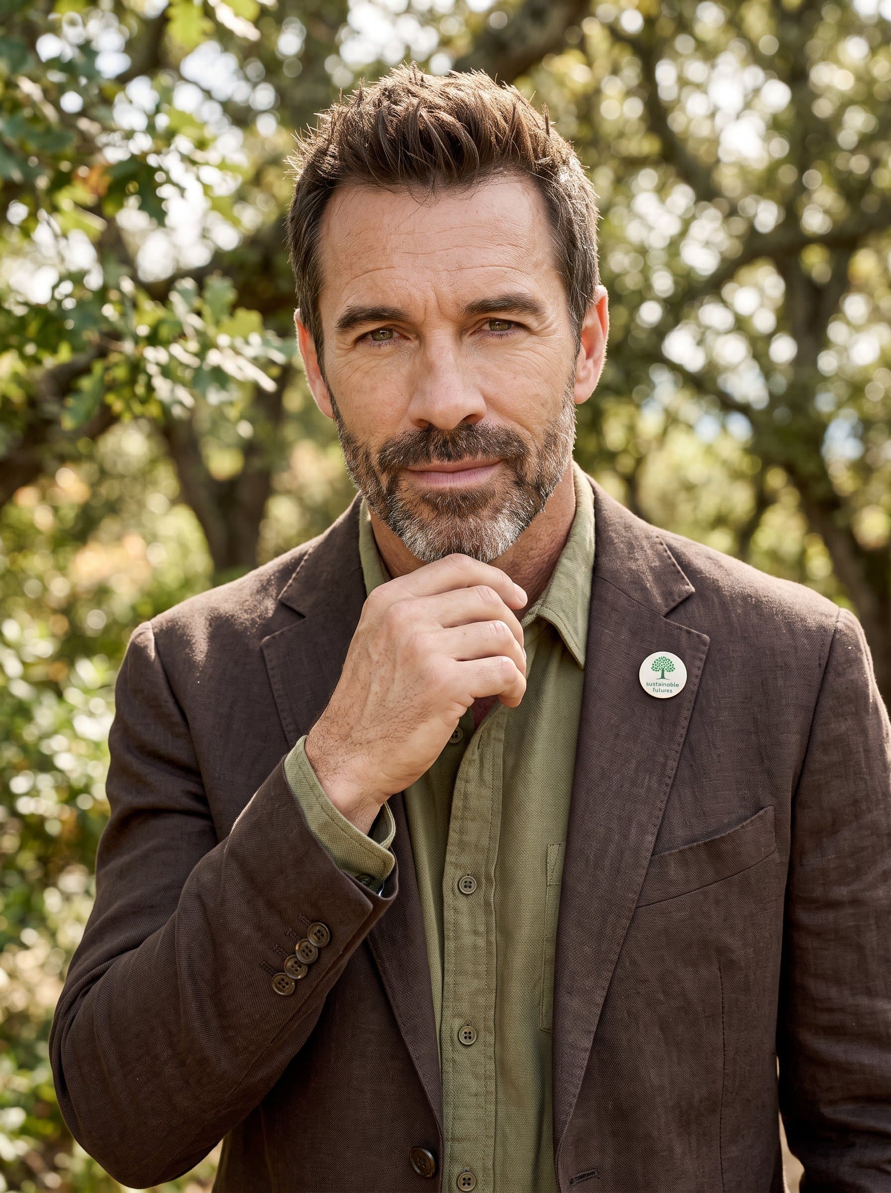 Create a headshot for an environmental advocate. A natural backdrop with earthy tones in attire, gentle lighting, and a focus on sustainability and passion for the environment.
