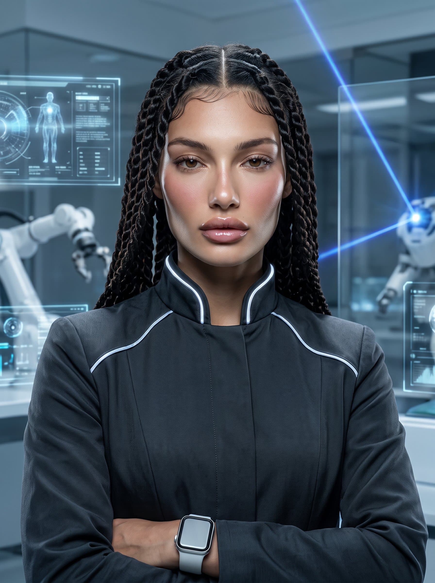 Generate a headshot in a high-tech lab setting. Incorporate futuristic elements, sleek attire, and sharp lighting, emphasizing cutting-edge expertise in scientific research.