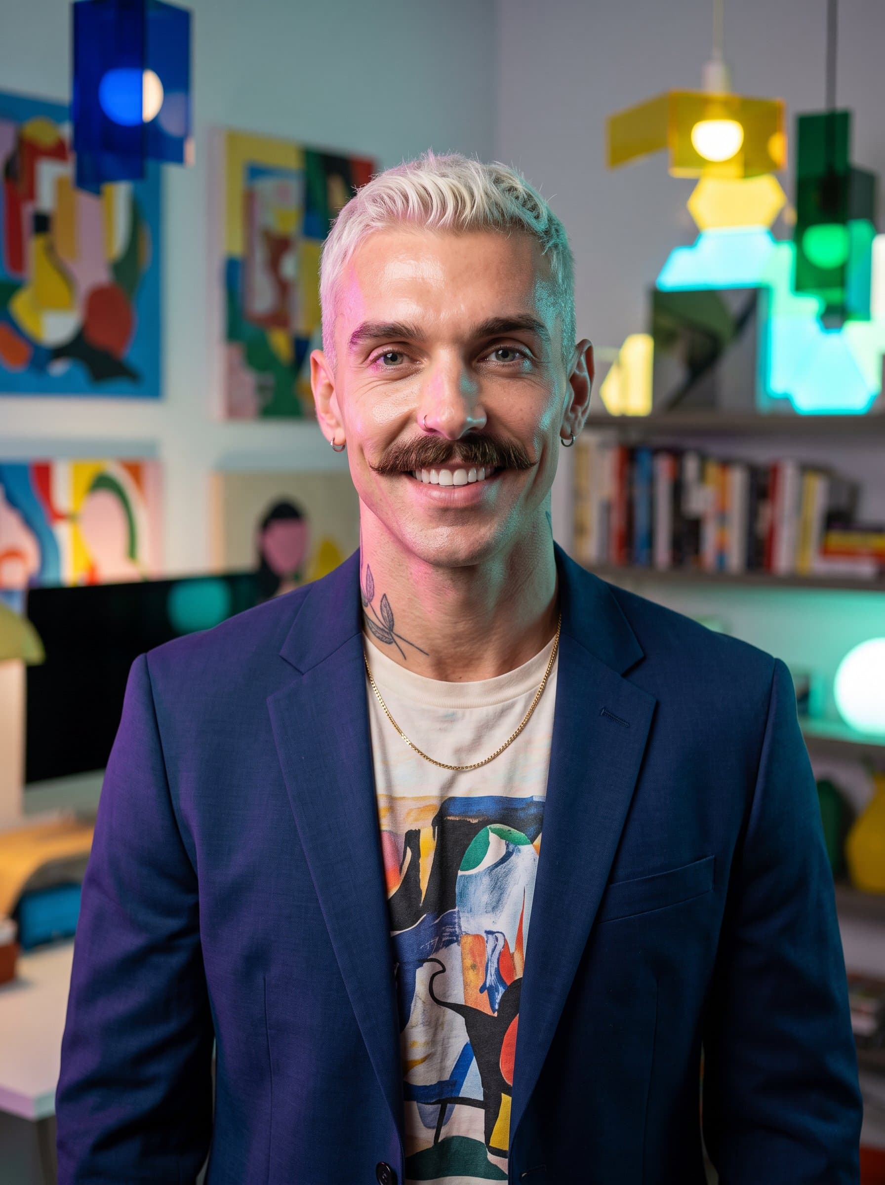 Design a headshot for a creative professional, featuring a colorful background and trendy, smart-casual attire. Emphasize artistic flair with playful lighting that highlights innovation and originality.