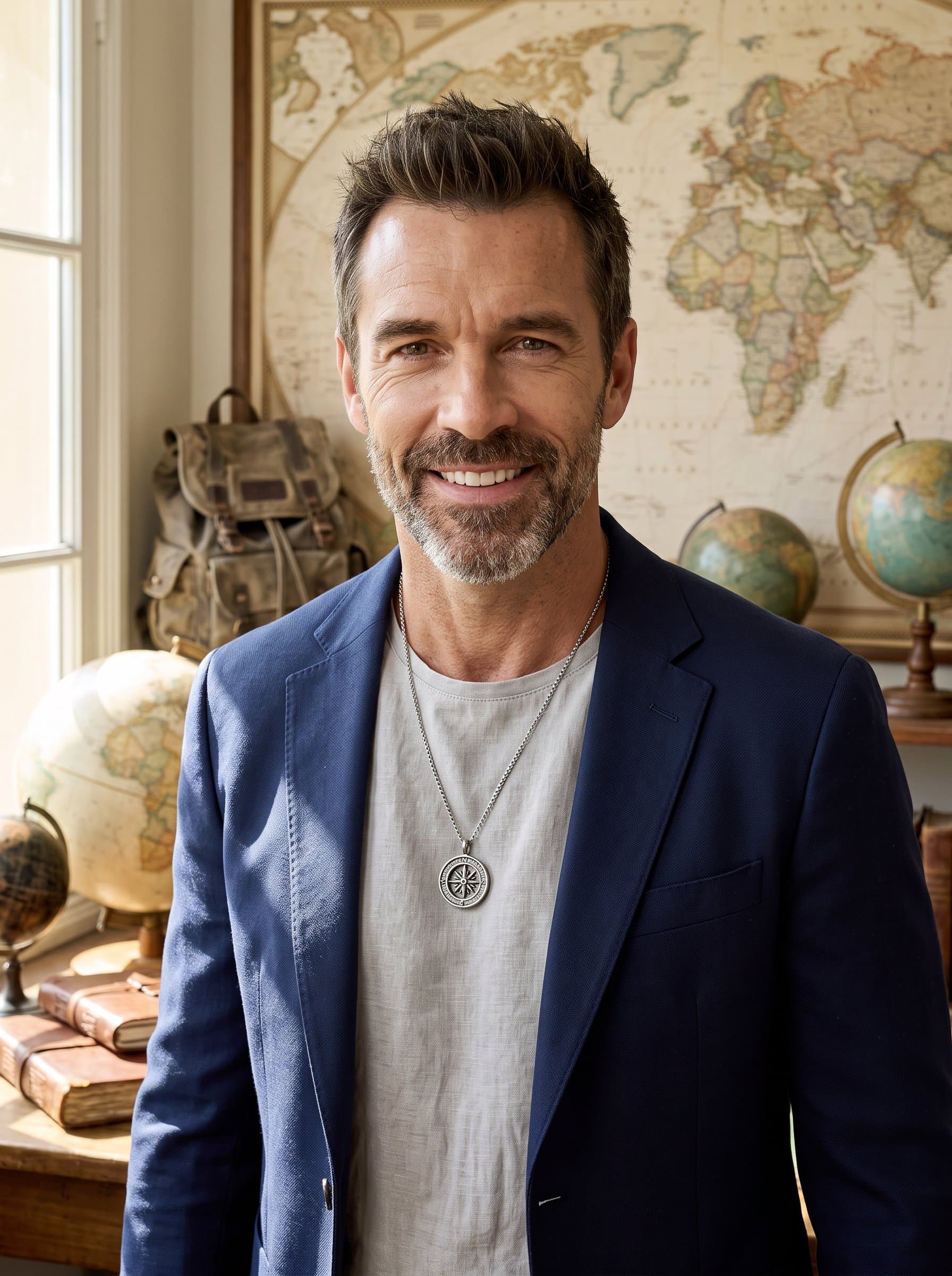 Create a headshot for a global traveler, with a world map or travel-related items in the background. Use natural lighting and smart-casual attire, reflecting an adventurous and worldly perspective.