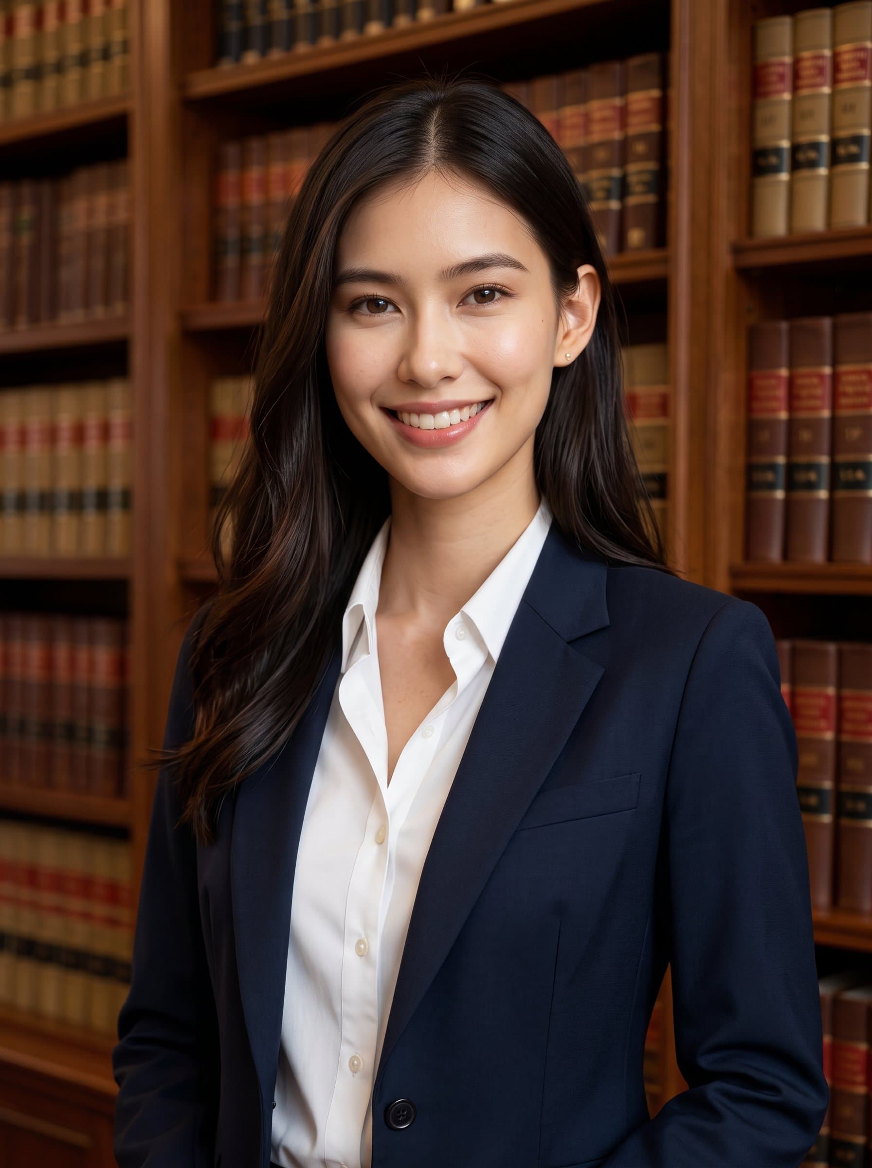 Craft a headshot for a legal professional. A classic law library background, formal suit, and dignified lighting convey authority and expertise in legal matters.