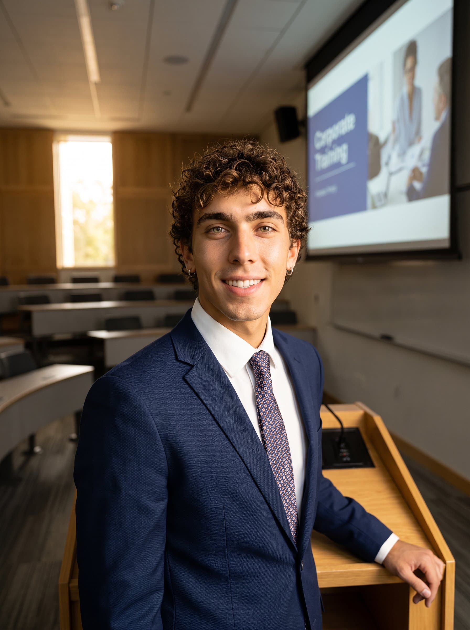 Develop a headshot for a corporate trainer. A classroom or lecture hall setting with formal attire and encouraging lighting reflects educational expertise and motivational skills.