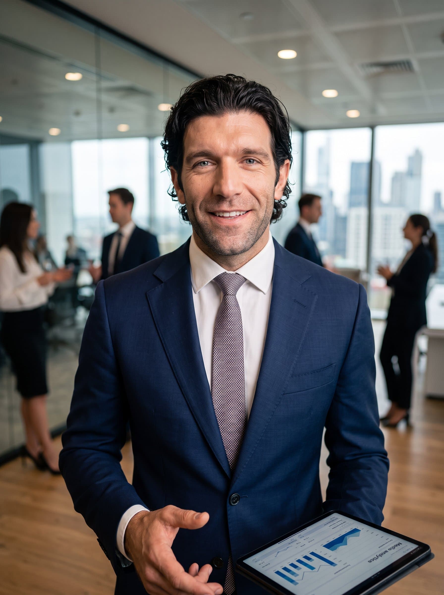 Craft a headshot for a public relations specialist, with a modern office backdrop, sleek attire, and refined lighting, illustrating communication skills and media savviness.