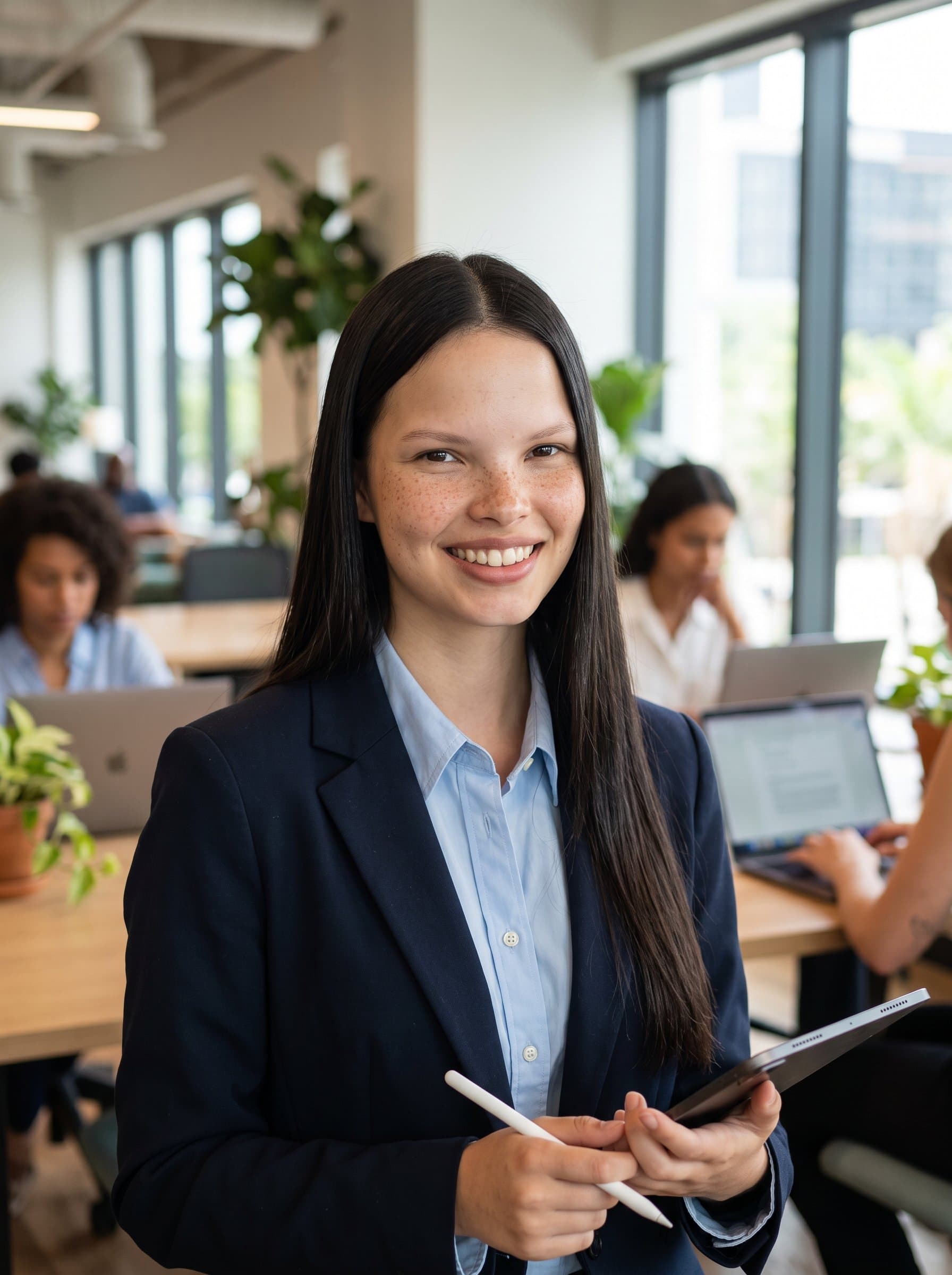 Design a headshot for a digital nomad in a co-working space. Casual-professional attire and adaptable lighting convey flexibility and proficiency in a tech-driven lifestyle.