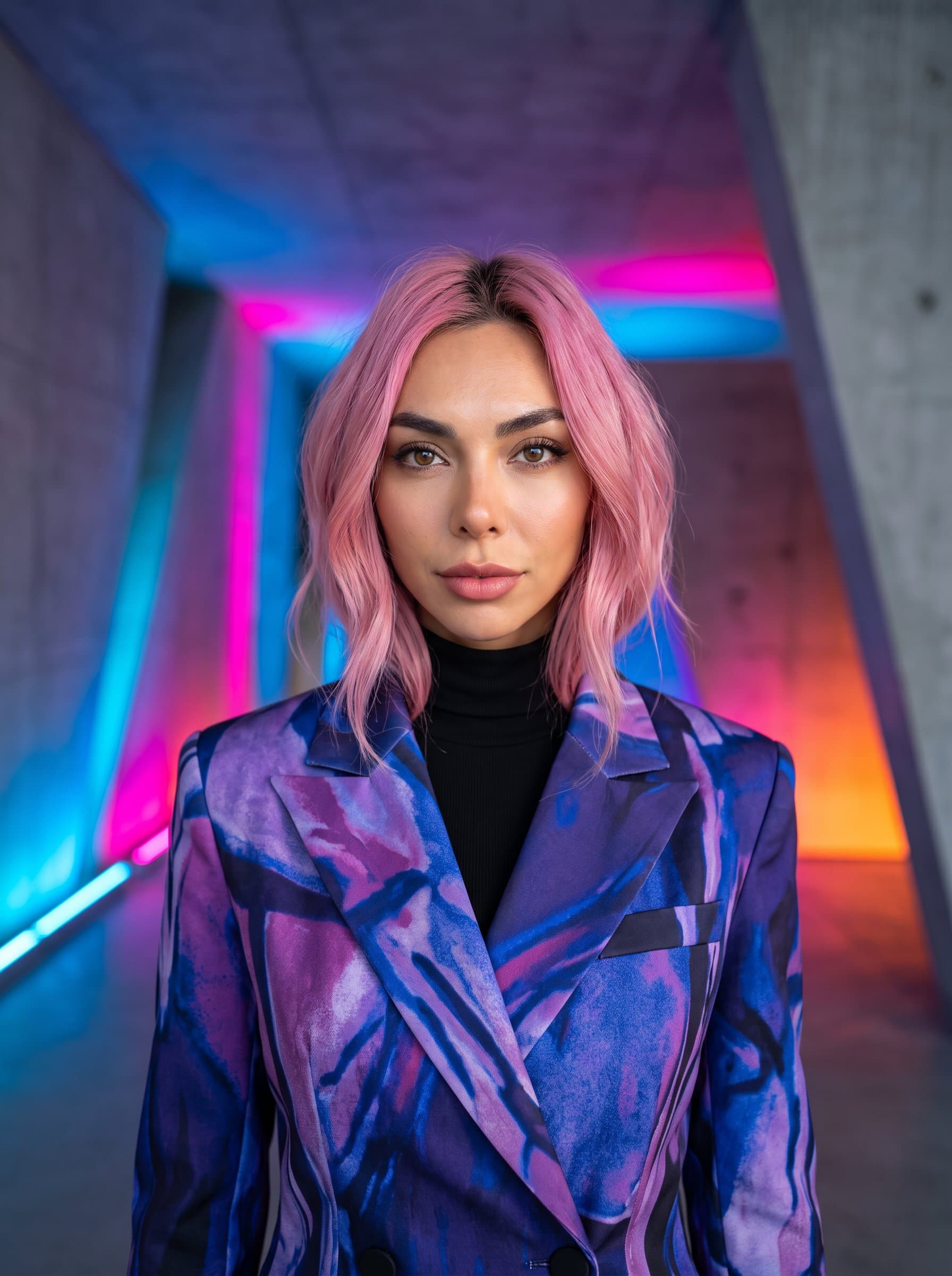 Create a headshot of an artistic director, featuring a stylish, minimalist studio background. Include creative attire and vibrant lighting that highlights artistic leadership and vision.