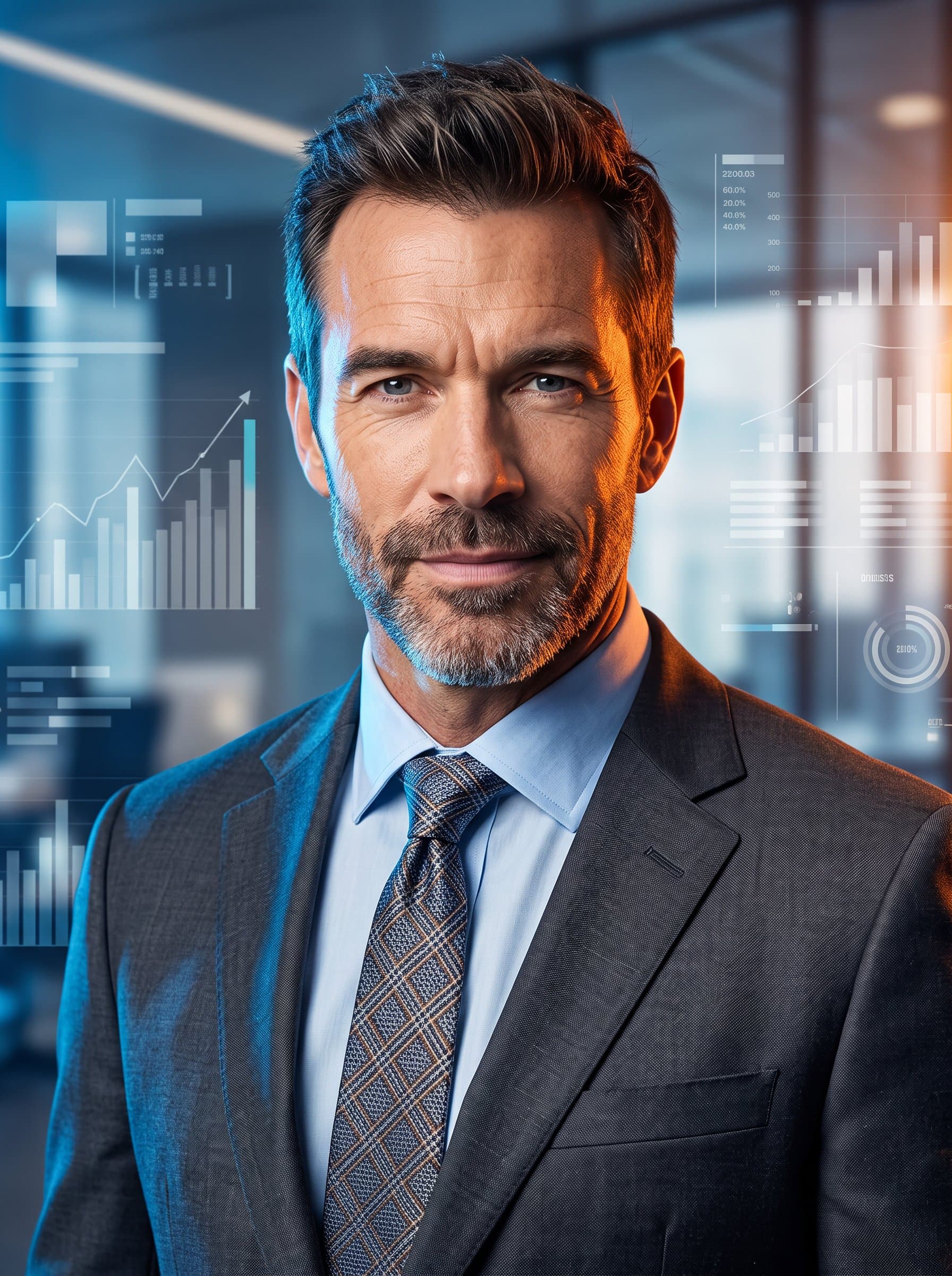 Design a headshot for a marketing guru, with dynamic elements in the backdrop and chic, professional attire. Use energetic lighting to represent strategic thinking and creativity.