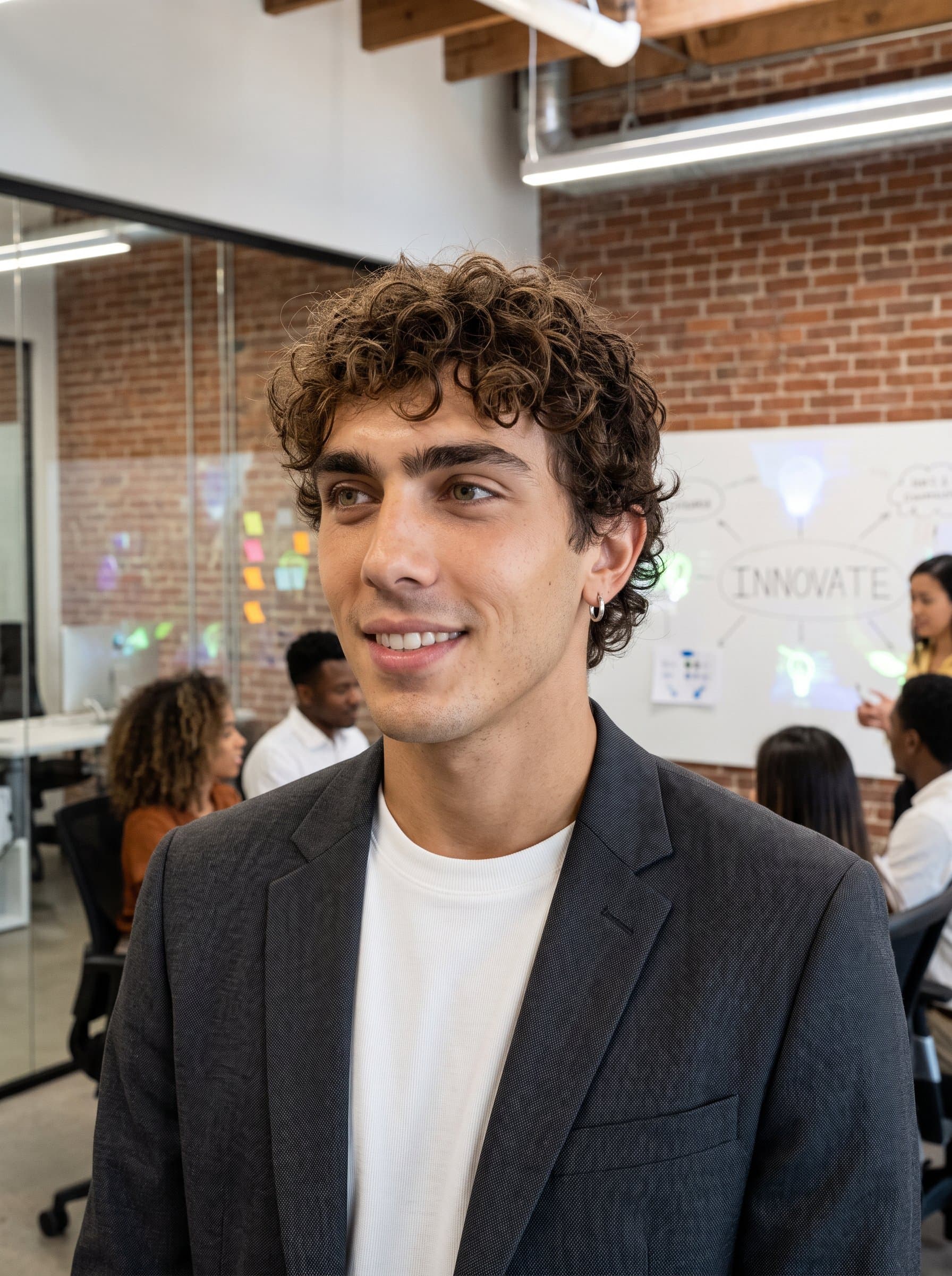 Generate a headshot for a startup founder, with an innovative workspace and casual-smart attire. Emphasize entrepreneurial spirit with creative lighting and a visionary expression.