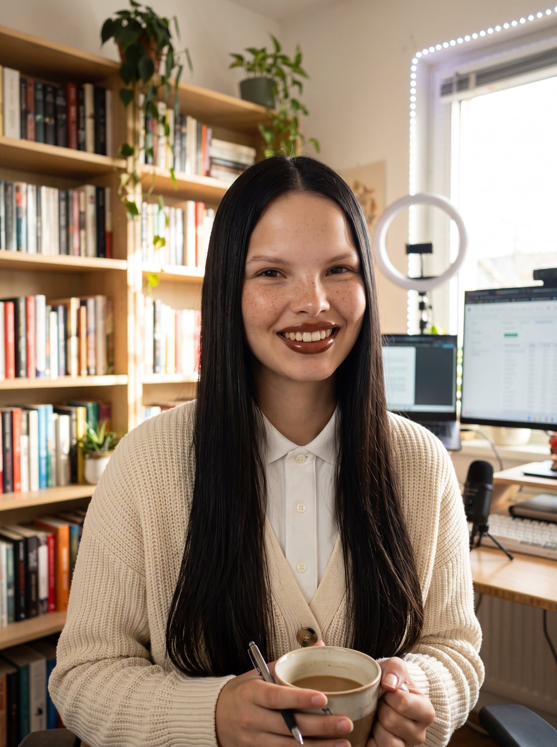 Develop a headshot for a remote work expert, with a cozy home office background and laid-back professional attire. Soft lighting captures comfort and efficiency in a digital environment.