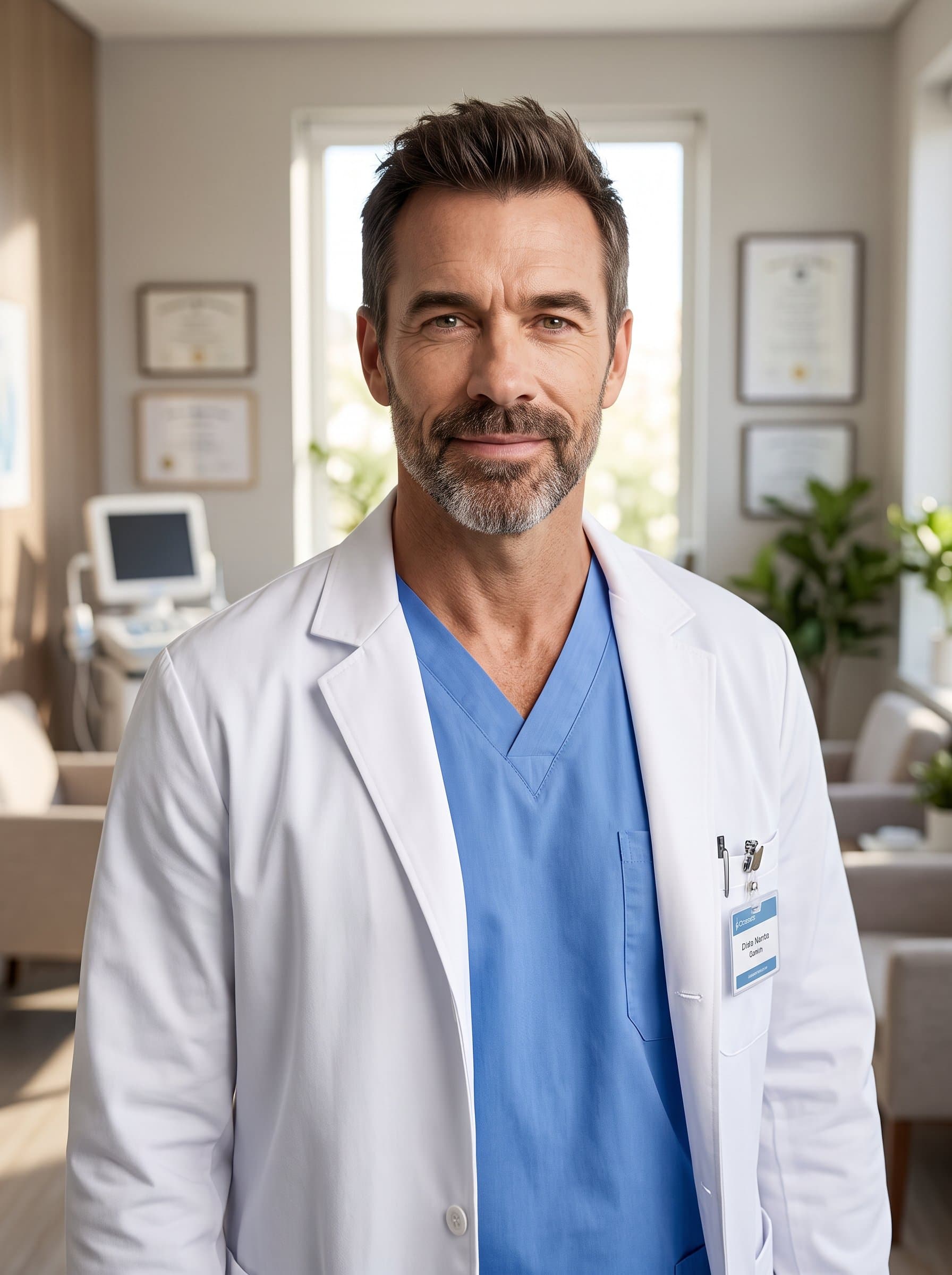 Craft a headshot for a healthcare professional. A calming clinic background with scrubs or smart attire, soft lighting, and a compassionate expression convey trust and care.