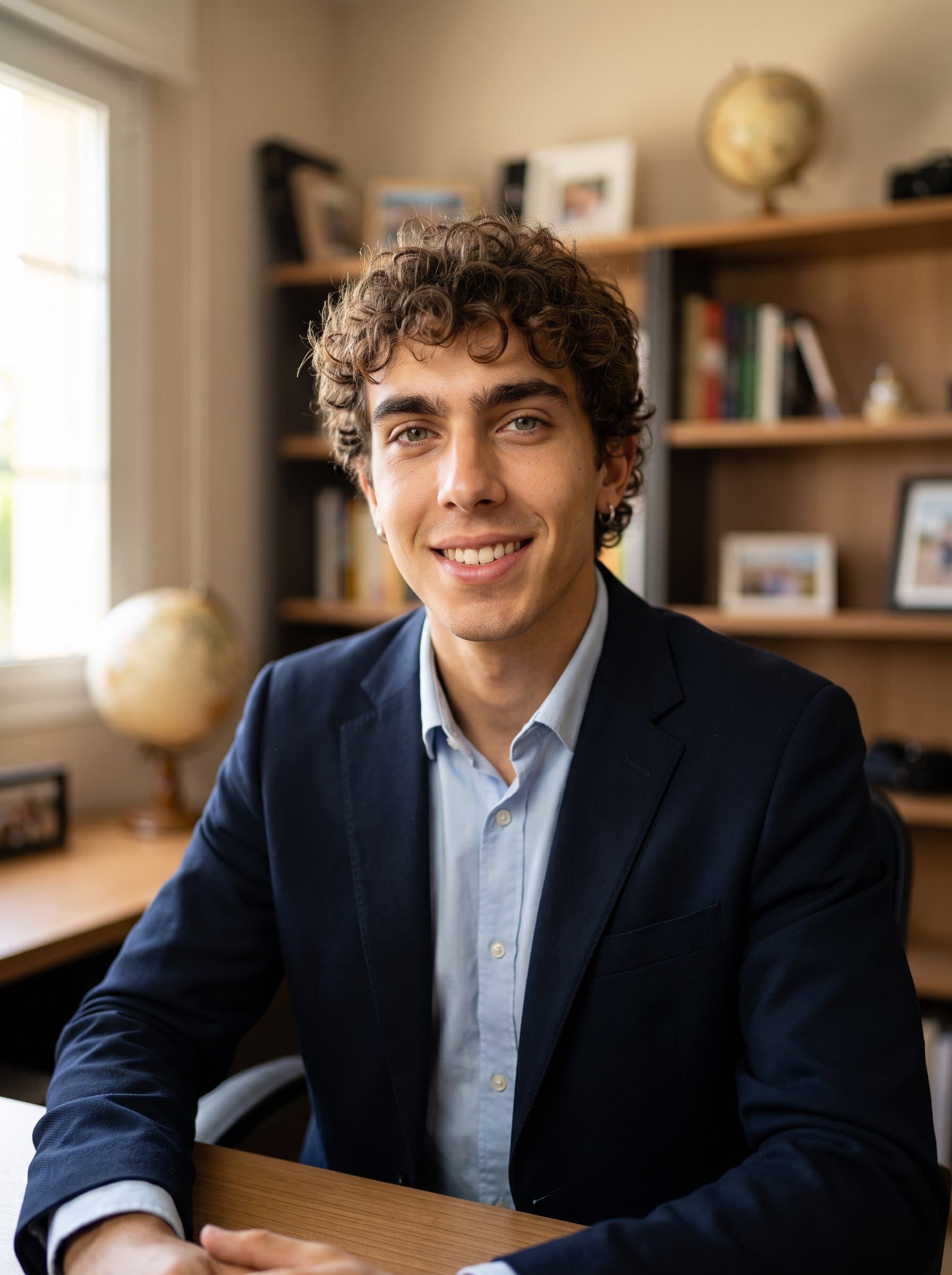 Design a headshot capturing a relaxed yet professional vibe. The man should be portrayed in a cozy home office, with bookshelves softly blurred in the background, hinting at a knowledgeable persona.