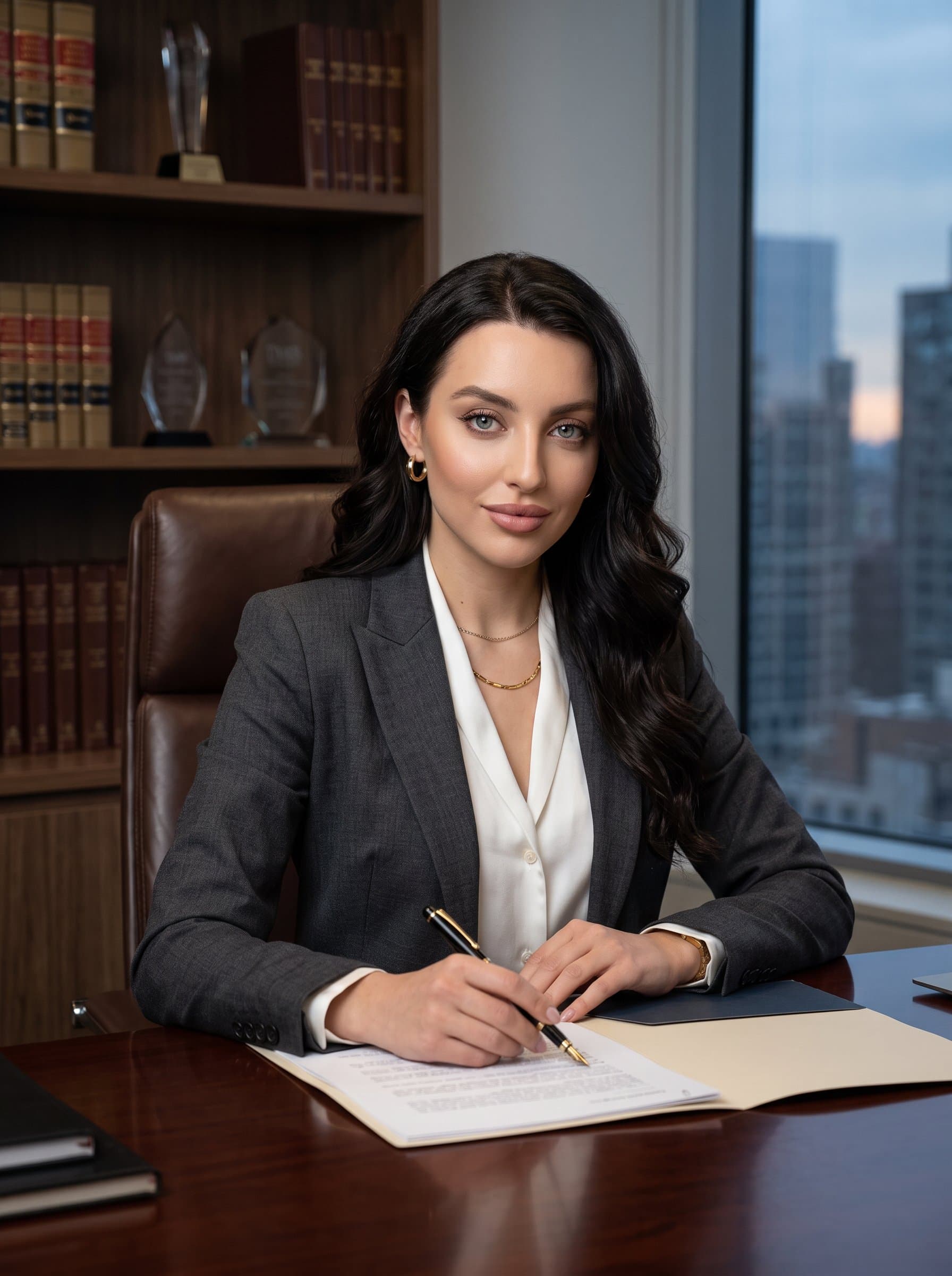 Render a portrait highlighting an woman's leadership qualities. The attire should be formal, and the background should resemble an executive office with elegant and understated decor.