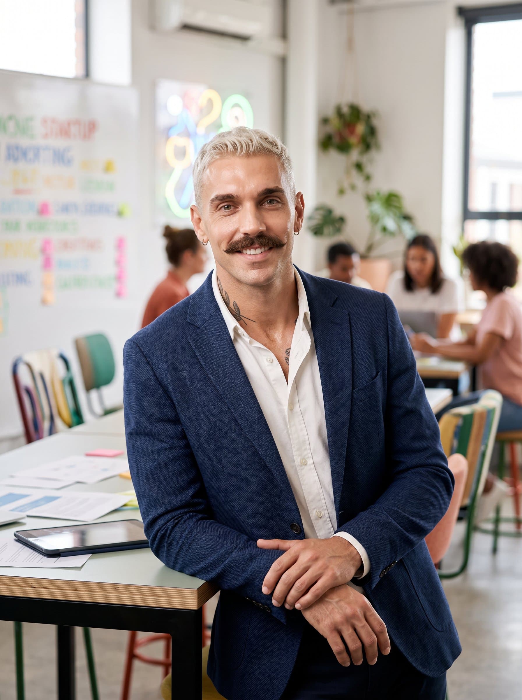 Generate a portrait of a man with a gentle smile, wearing casual business attire. The setting should reflect a vibrant startup environment, with colorful elements slightly out of focus, suggesting creativity.