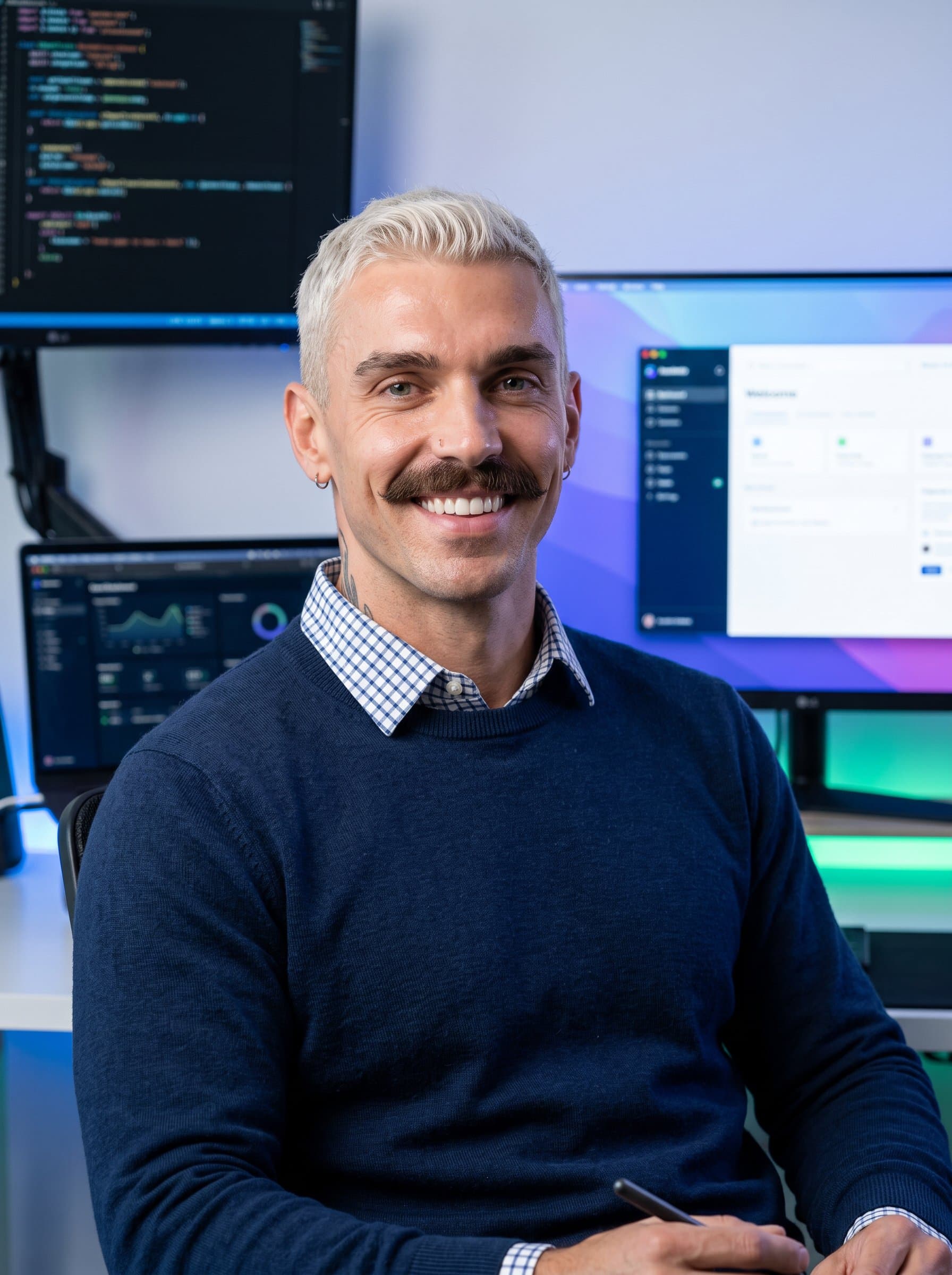 Create a image portraying an man with an engaging smile, wearing a sweater over a collared shirt. The background should suggest a tech-savvy environment, with subtle digital elements.