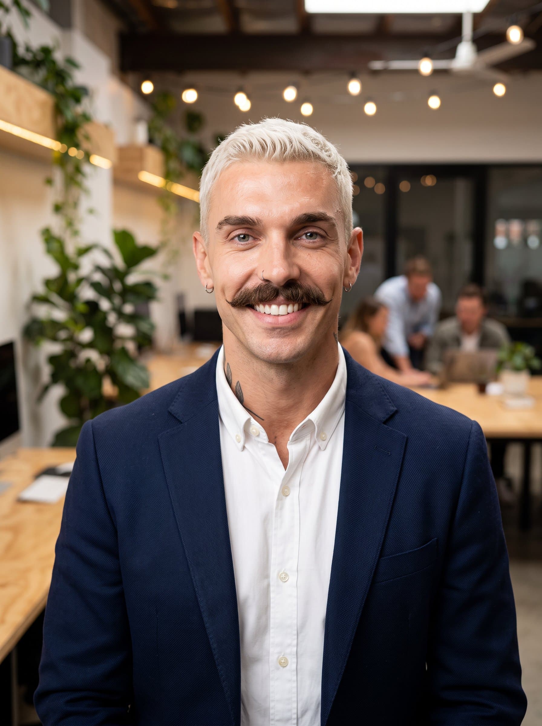 Create a headshot featuring an man wearing smart-casual attire. The background should resemble a co-working space with modern elements, slightly out of focus to convey a collaborative atmosphere.