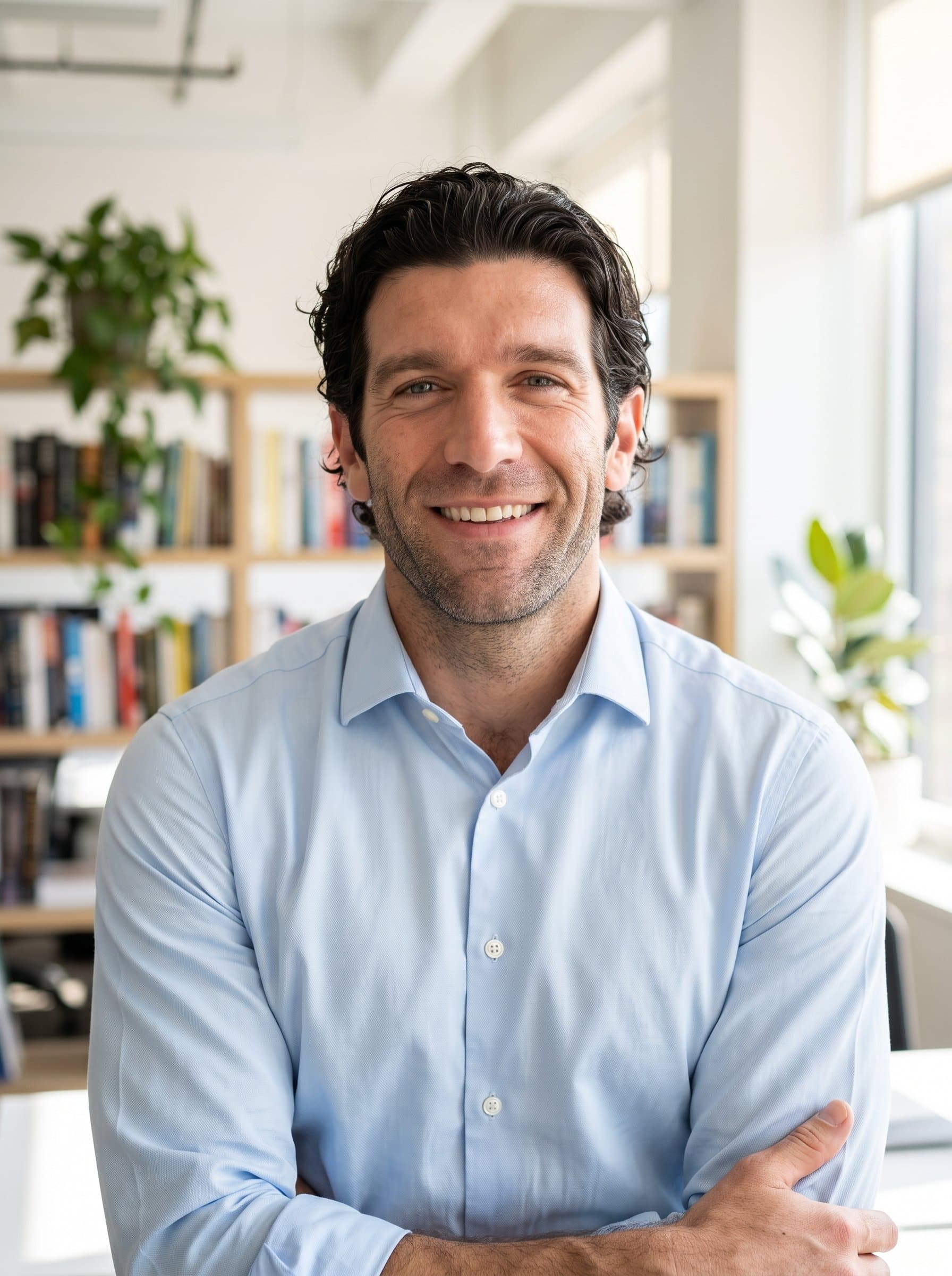 Create a portrait of a man with a welcoming expression, wearing a neat blouse or shirt. The ambiance should be a bright office space, with plants or books subtly visible out of focus.