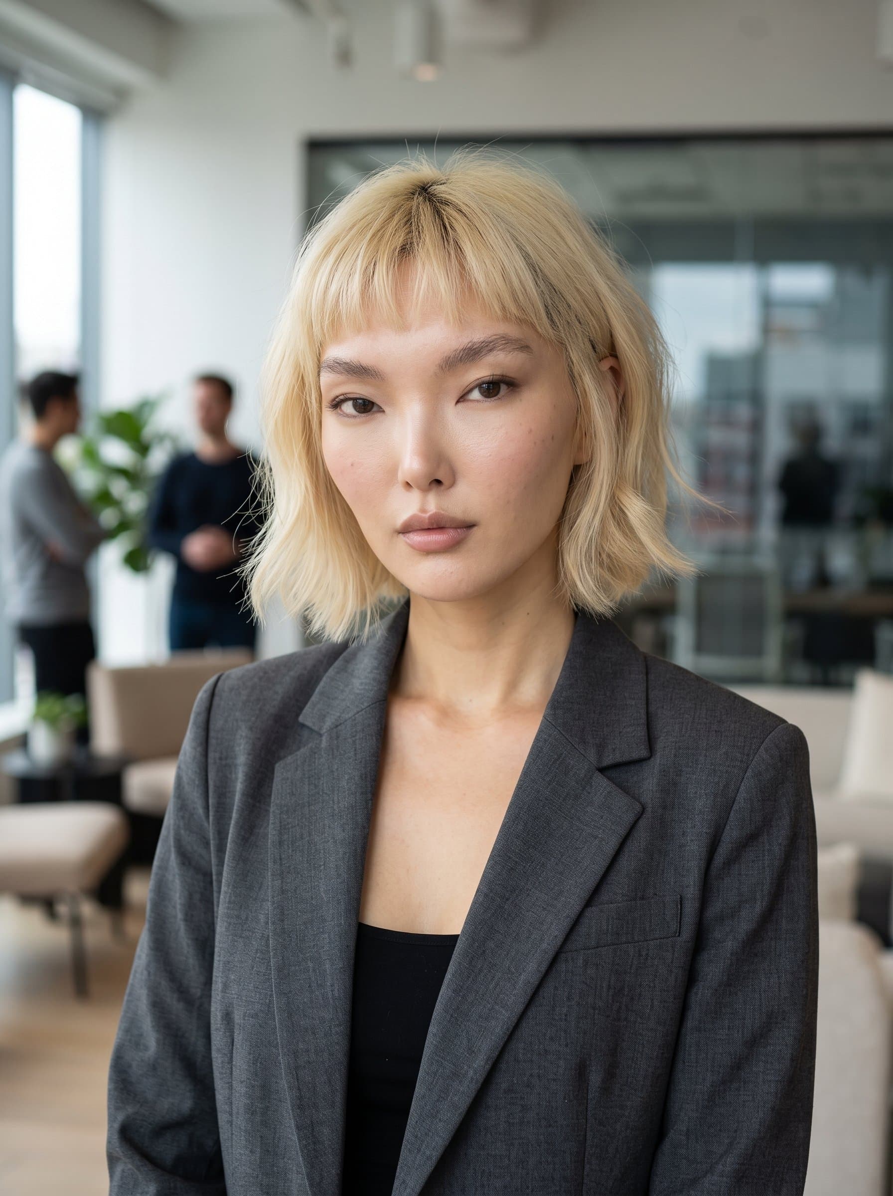 Create a headshot featuring a confident woman in a modern tech office, showcasing a smart blazer and neutral expression. The background should be blurred, with a hint of contemporary office decor visible.