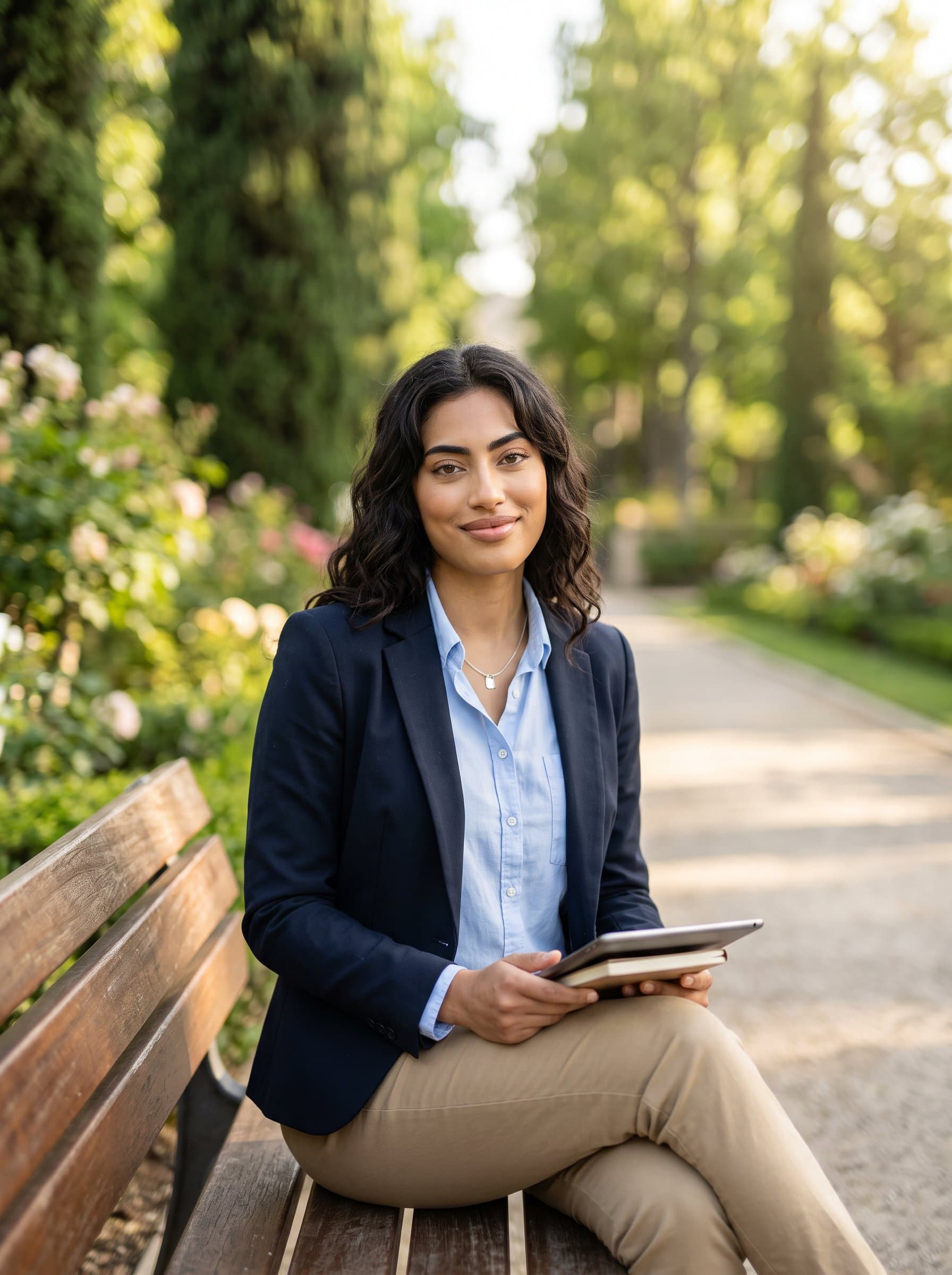 Design a image of an woman with a serene expression, dressed in smart-casual attire. The background should feature a blurred nature scene, suggesting a balanced and grounded professional.